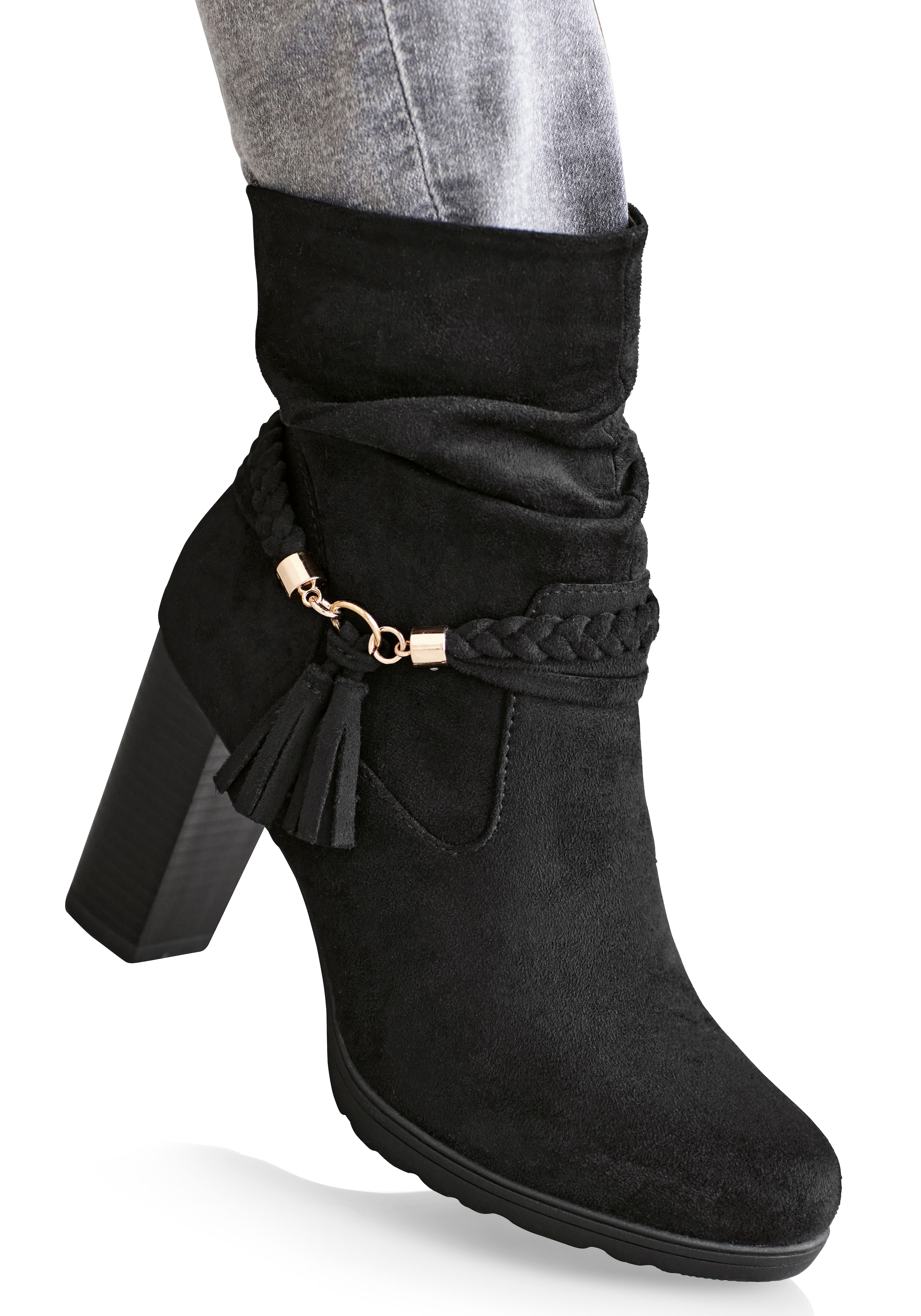 LASCANA Stiefelette, Stiefel, Boots mit Blockabsatz und Schmuckelement VEGAN