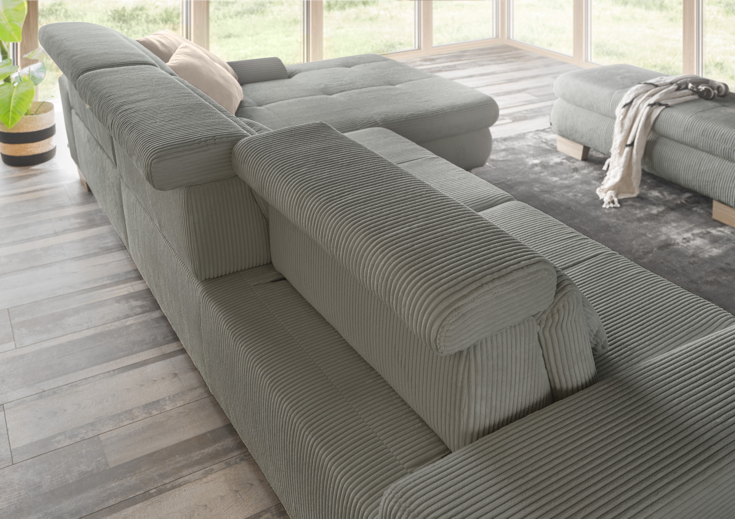 set one by Musterring Ecksofa »SO 3400 Sitzhöhe 47cm oder 49cm, Sitztiefe verstellbar, B/T: 307/195cm«, whlw. mit Funktion, Kaltschaum, in Cord, lind, Sitzhöhe 47