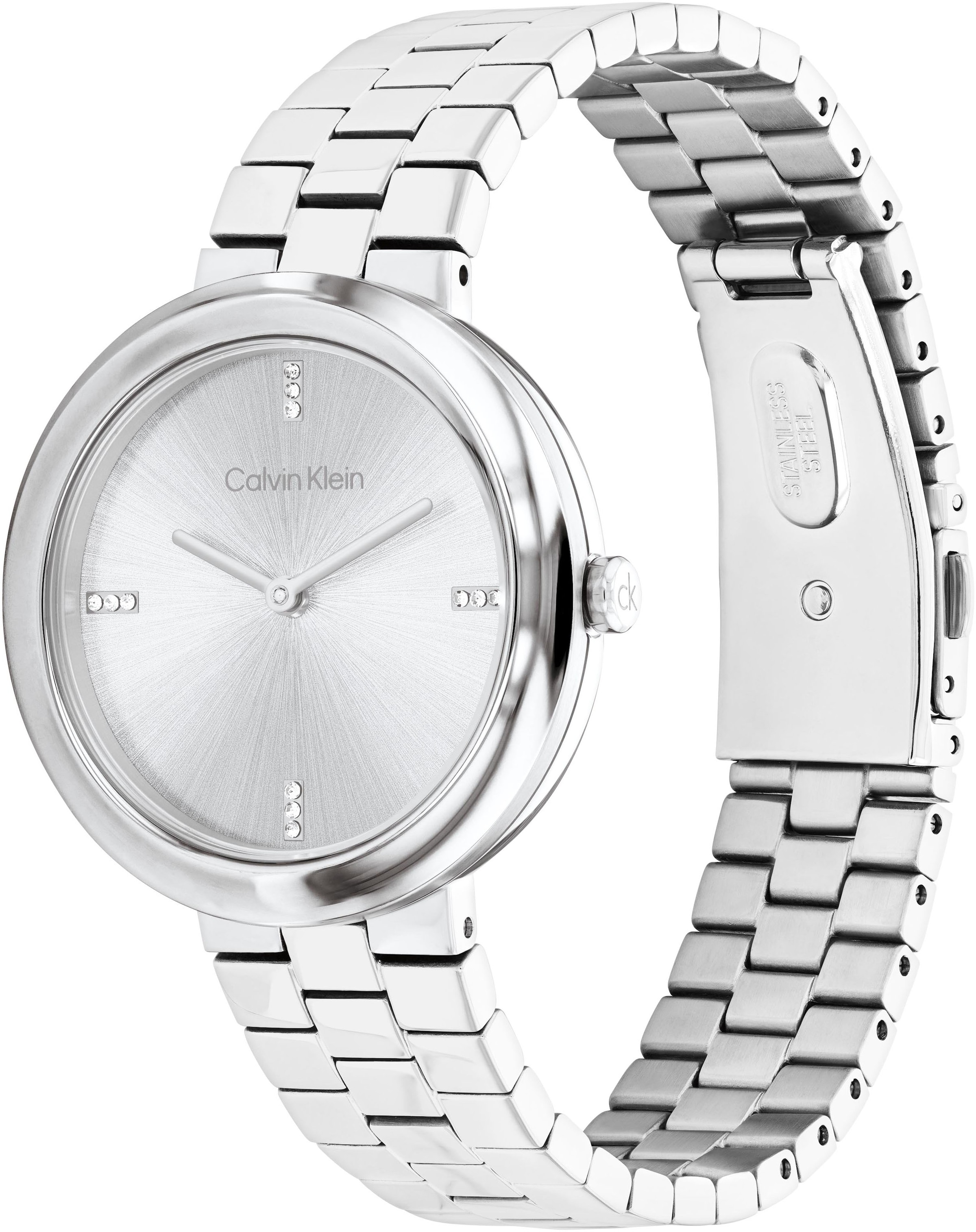 Calvin Klein Quarzuhr »Twisted Bezel«, Armbanduhr, Damenuhr, Edelstahlarmband, analog, Glassteine