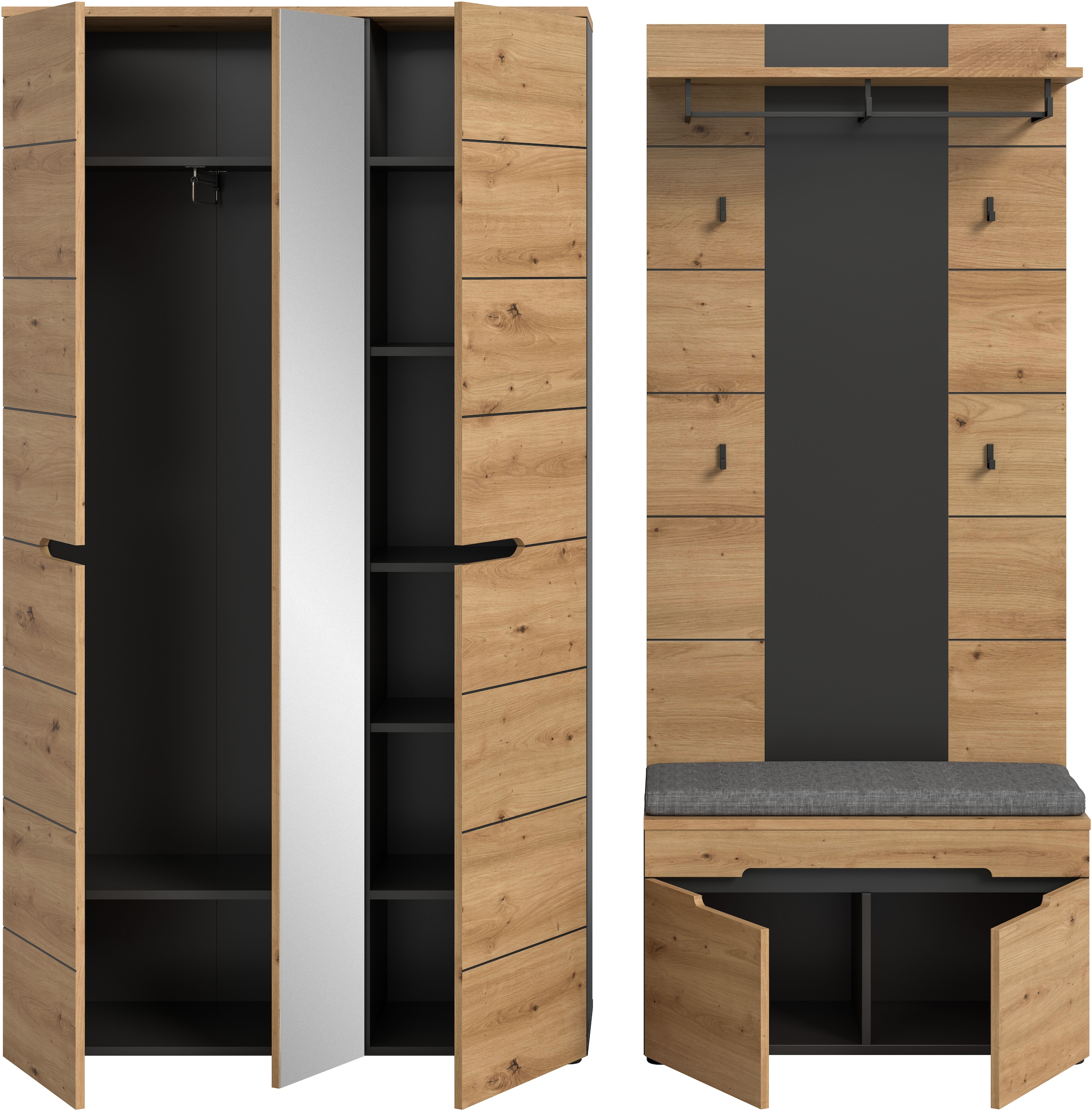 Home affaire Garderoben-Set »REHAT, TOPSELLER!, 4-teilig, Breite 200 cm, individuell stellbar« Set, best. aus: Garderobenschrank, Sitzbank, Sitzkissen & Garderobenpaneel, 4 Stk. tlg.