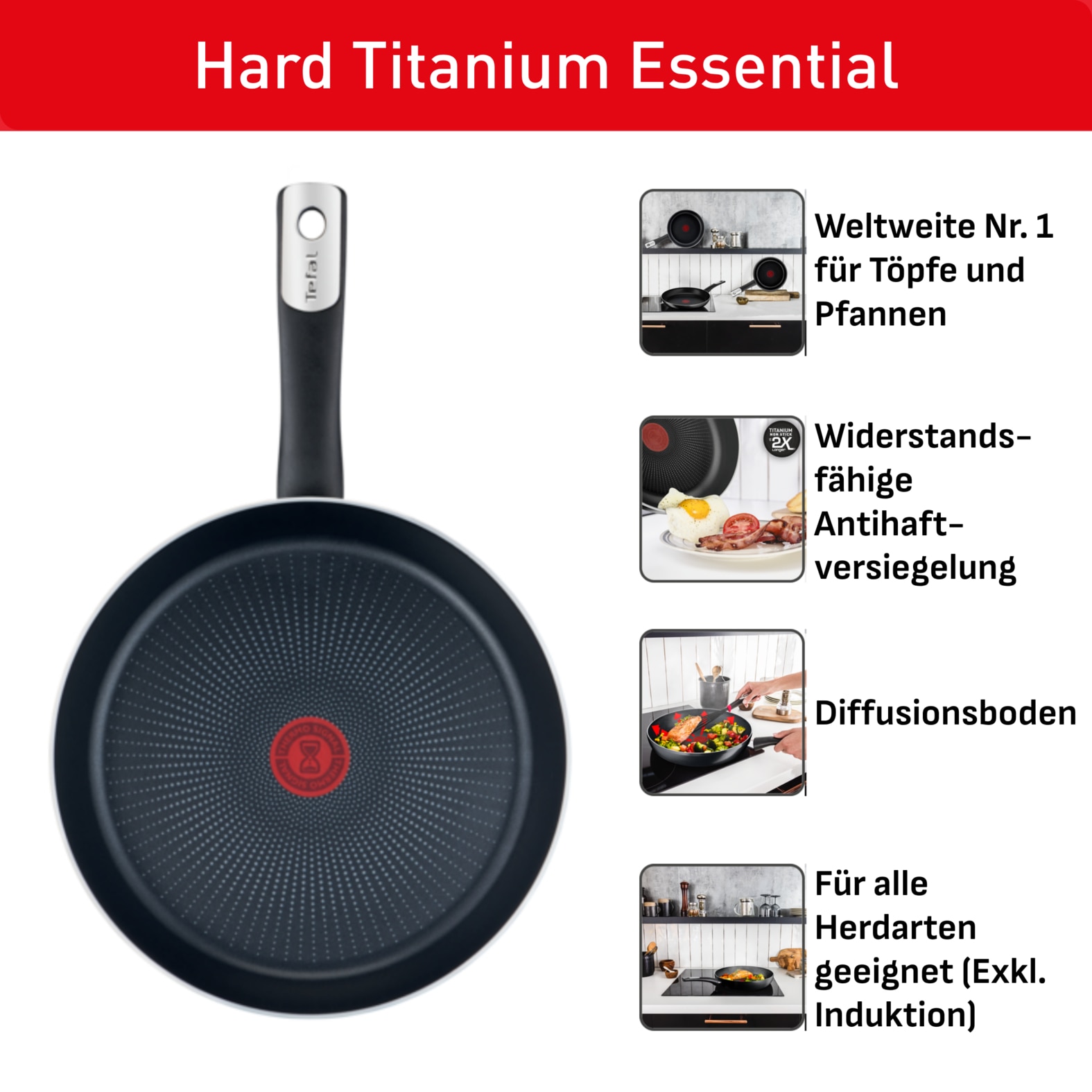 Tefal Bratpfanne »Hard Titanium Essential, Titanium Antihaftversiegelung« Aluminium kompatibel mit Gas-/Elektro-/Keramikherden, nicht induktionsgeeignet