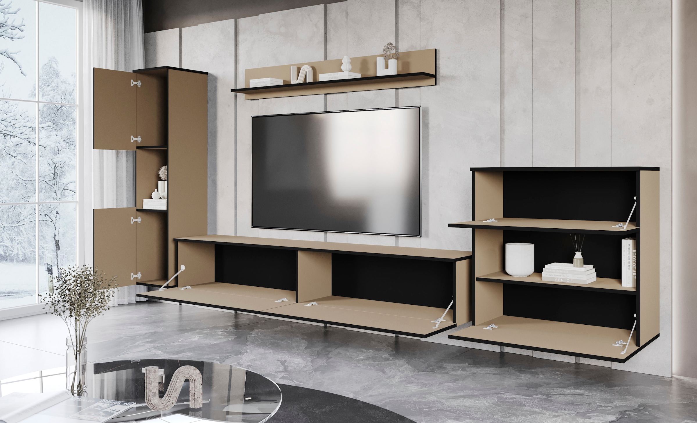INOSIGN Wohnwand »PARIS, Vitrine Türanschlag links/rechts wechselbar«, (Komplett-Set, 4 St.), grifflose Design, stehend und hängend montierbar