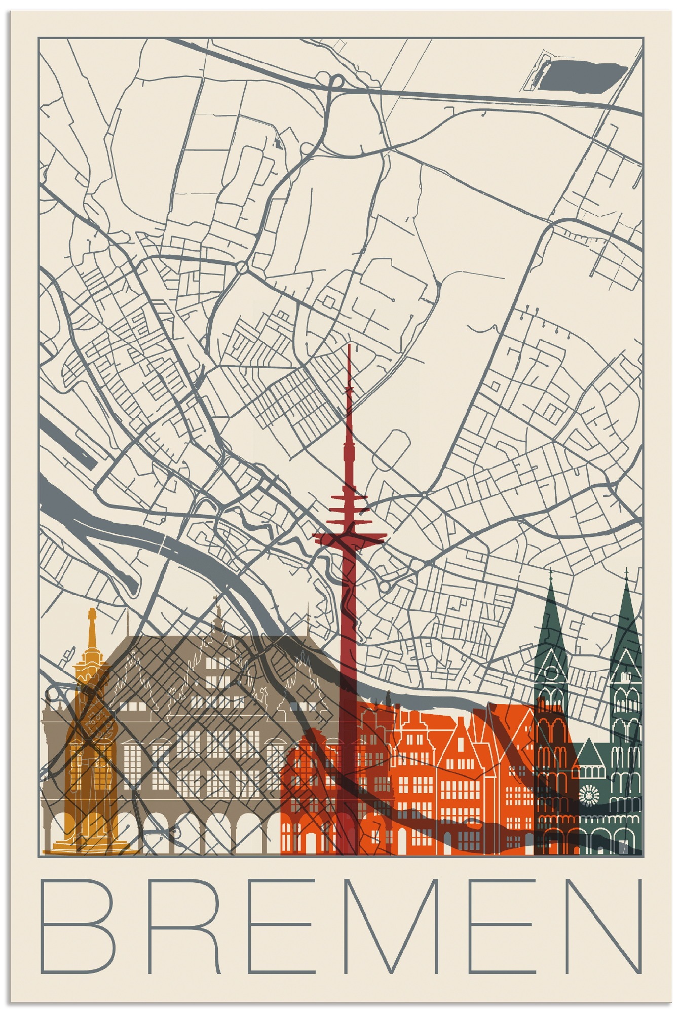 Wandbild »Retro Karte Bremen«, Deutschland, (1 St.), als Alubild, Outdoorbild, Poster...