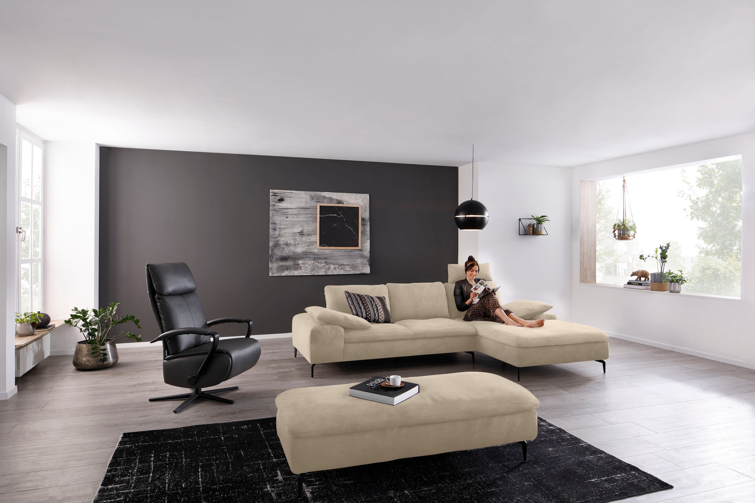 W.SCHILLIG Ecksofa »valentinoo, Designsofa, bequem, elegant und zeitlos, L-Form«, (Set), inklusive Hocker, mit Sitztiefenverstellung, Breite 299 cm