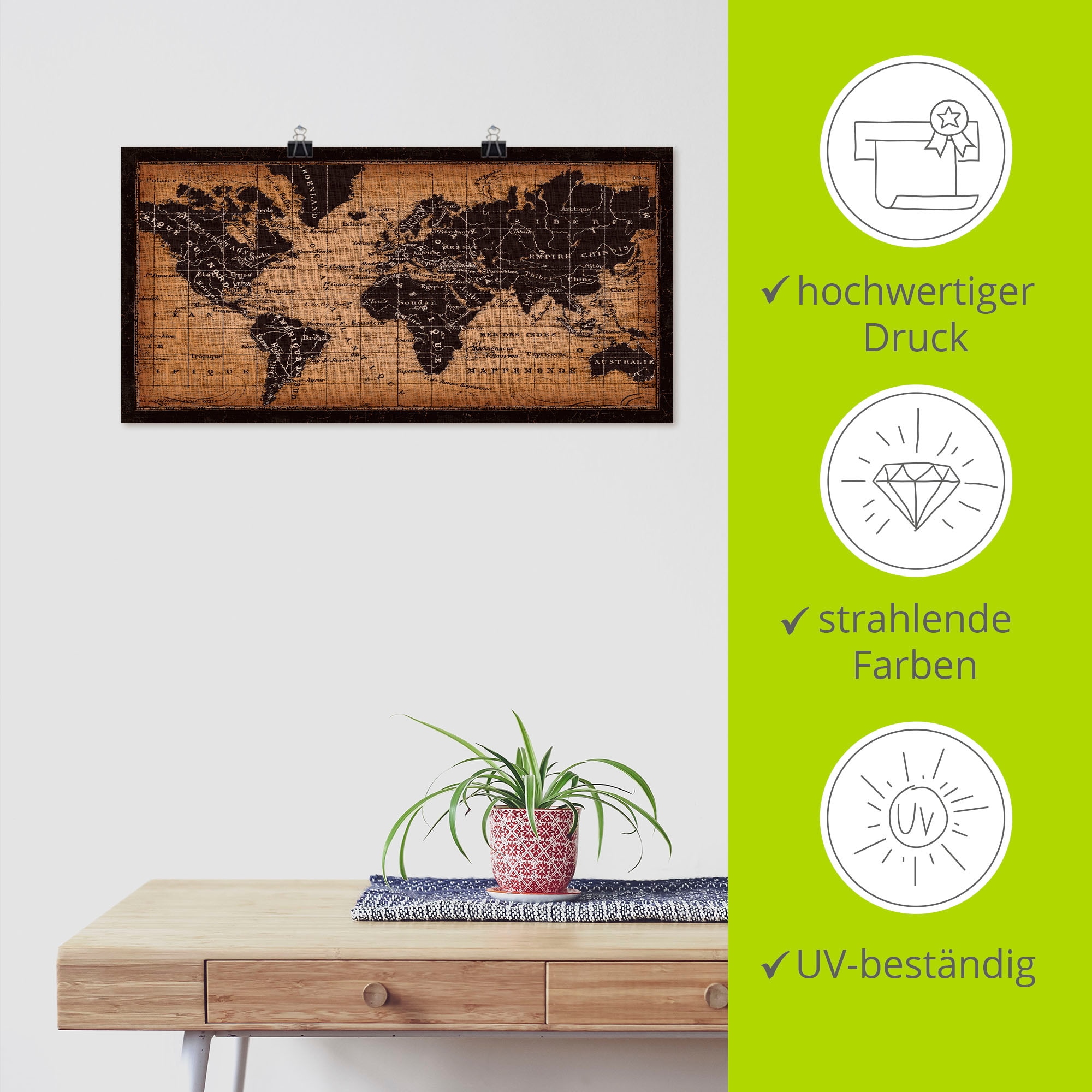 Artland Wandbild »Alte Weltkarte«, Weltkarte, (1 St.), als Leinwandbild, Poster, Wandaufkleber in verschied. Größen