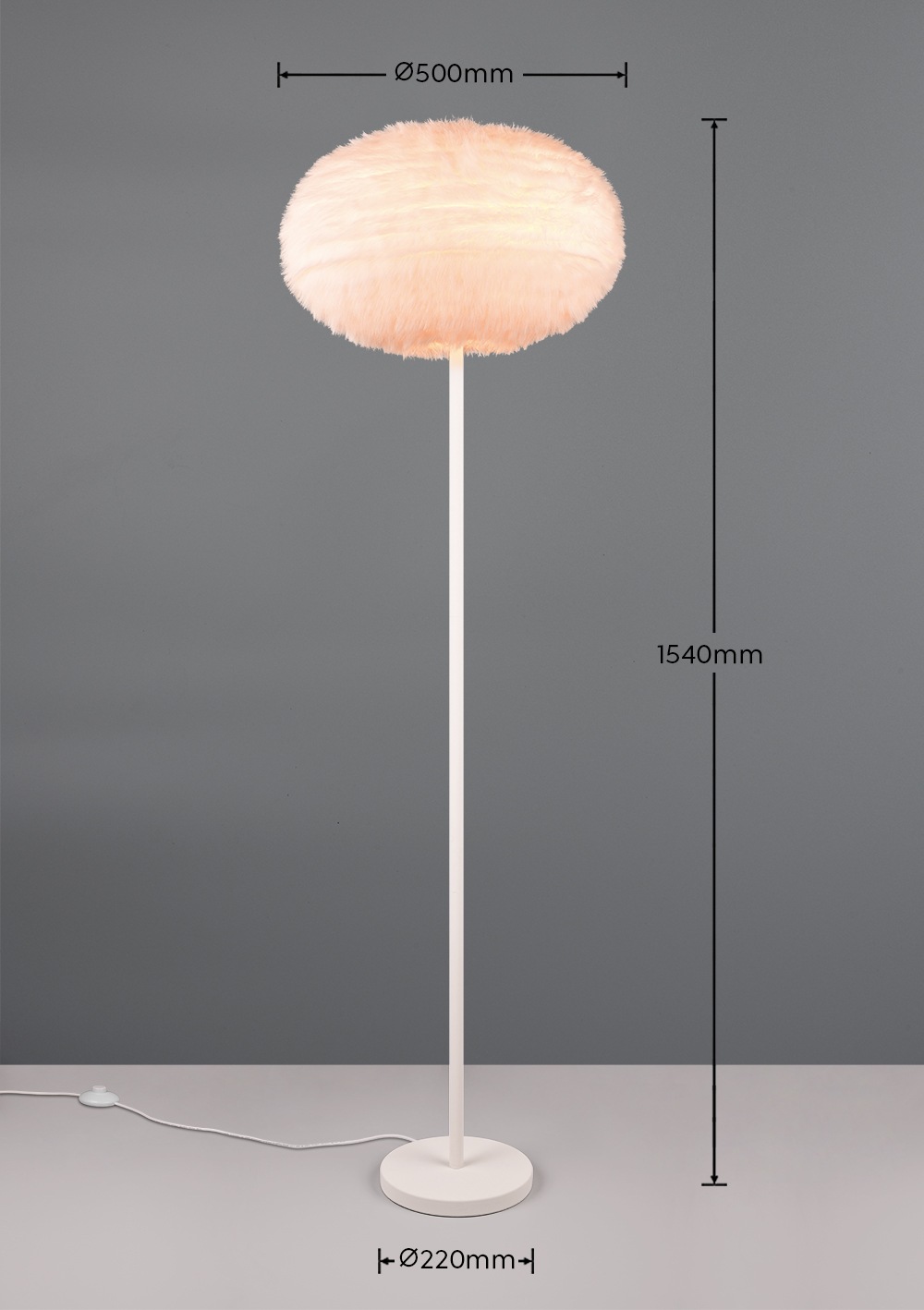 REALITY Leuchten Stehlampe »FURRY, Stehleuchte m.Plüsch Lampenschirm Höhe 154cm Ø 50cm Fußschalter« E27 1 Stk. warmweiß - kaltweiß exkl 1xE27 max 10W, weiße Plüsch Stehlampe Schlafzimmer Wohnzimmer