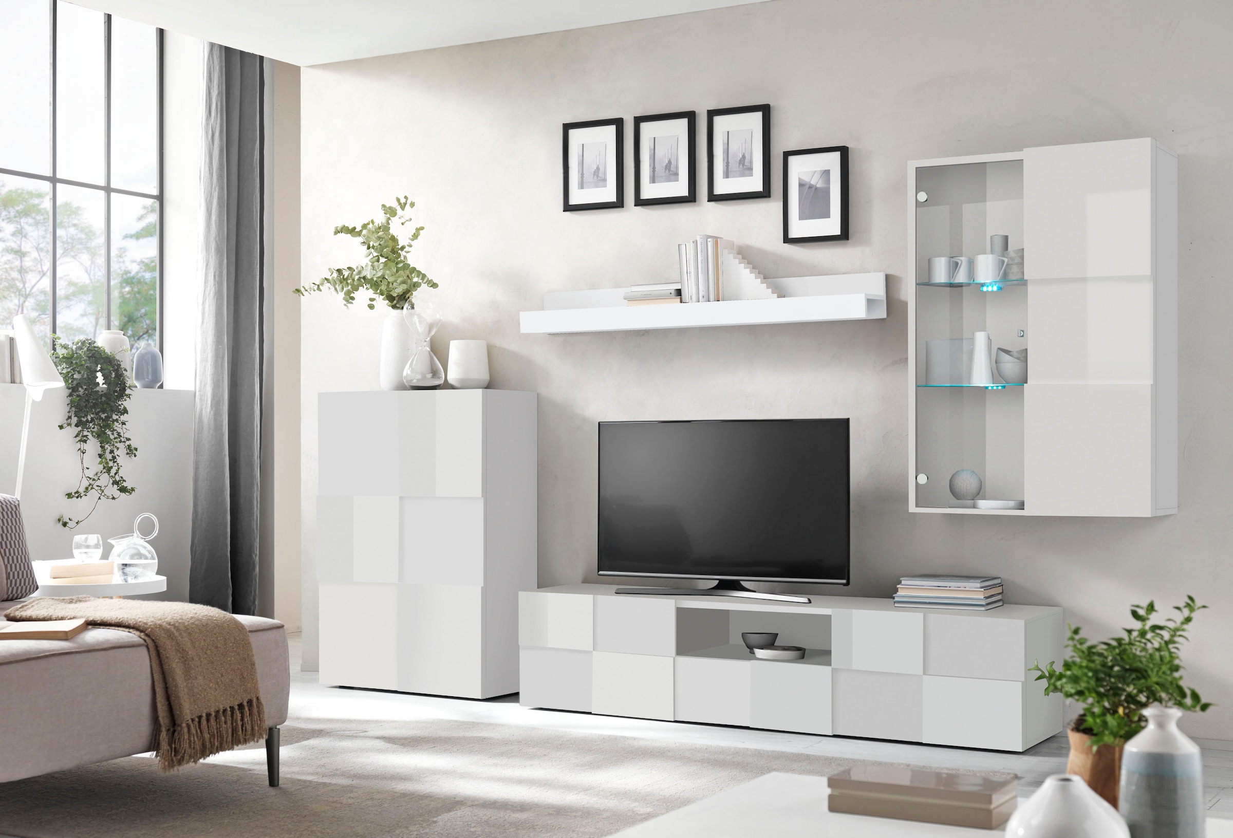 INOSIGN Wohnwand »Dama, 4tlg.Breite 300 cm, Höhe 200 cm, moderne Anbauwand in 3D-Optik,«, (Set, 4 St.), (Lowboard, Stauraumschrank, Hängevitrine, Wandboard) viel Stauraum
