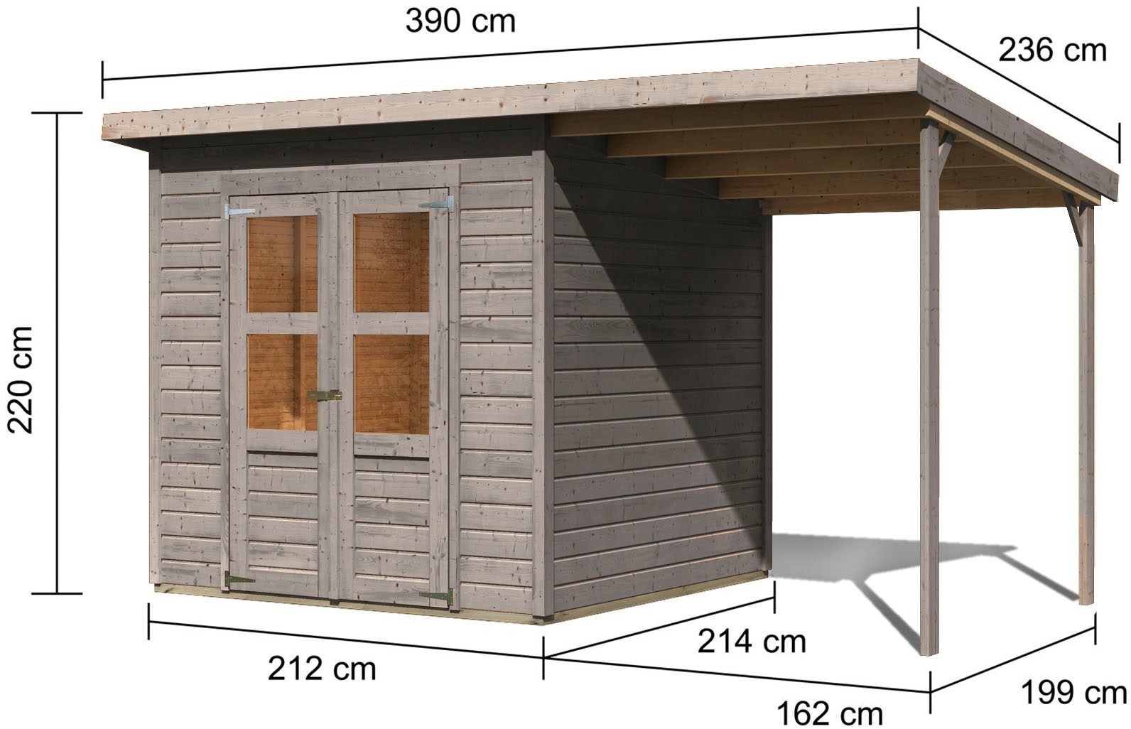 Karibu Gartenhaus »»Merseburg 4« vorvergraut mit Anbaudach« aus Fichtenholz, farbig lasiert