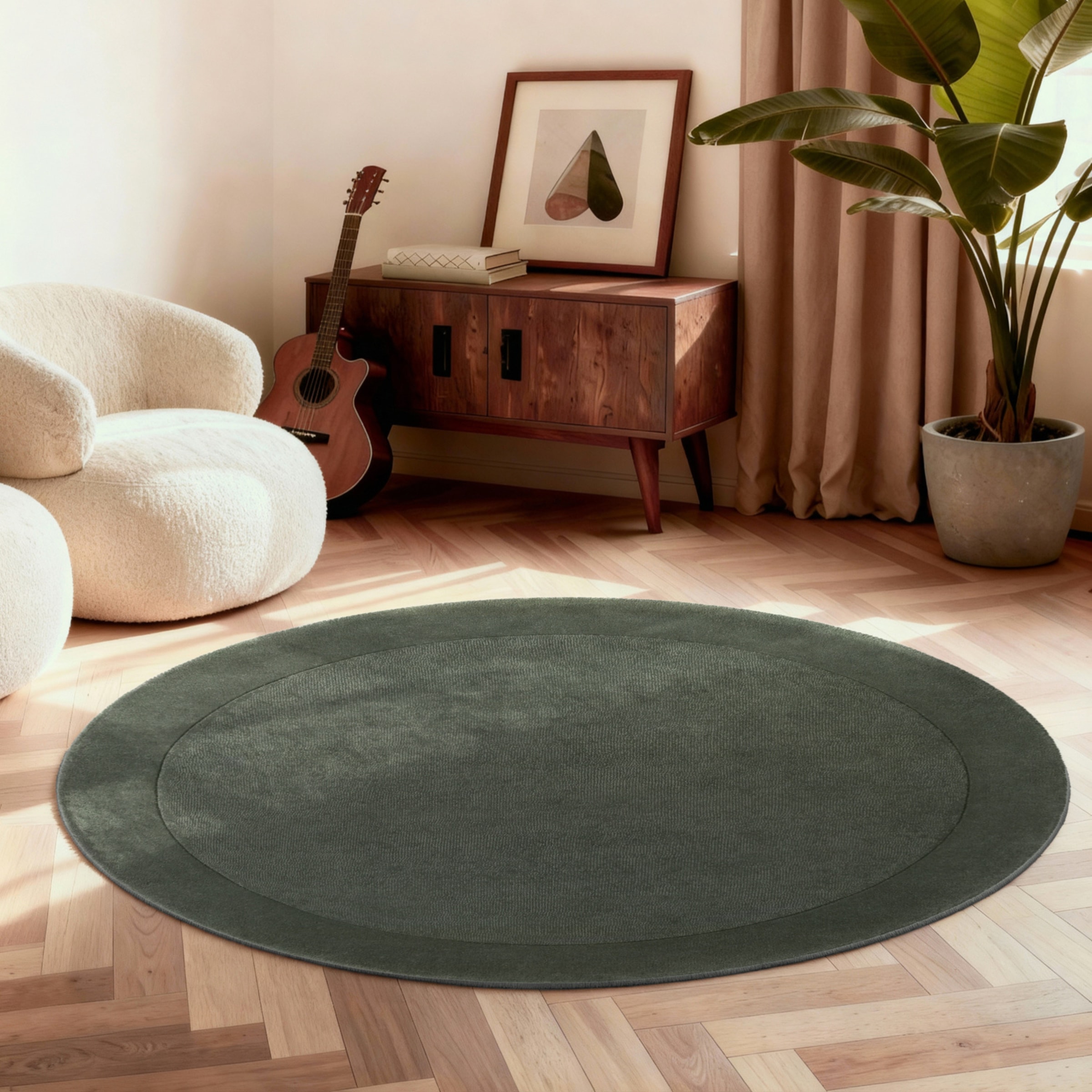 THE RUGS Villeroy & Boch 1812 Kari Handmade Soft Wool Blend Bordered Rug in Green | Size: 150cm diameter