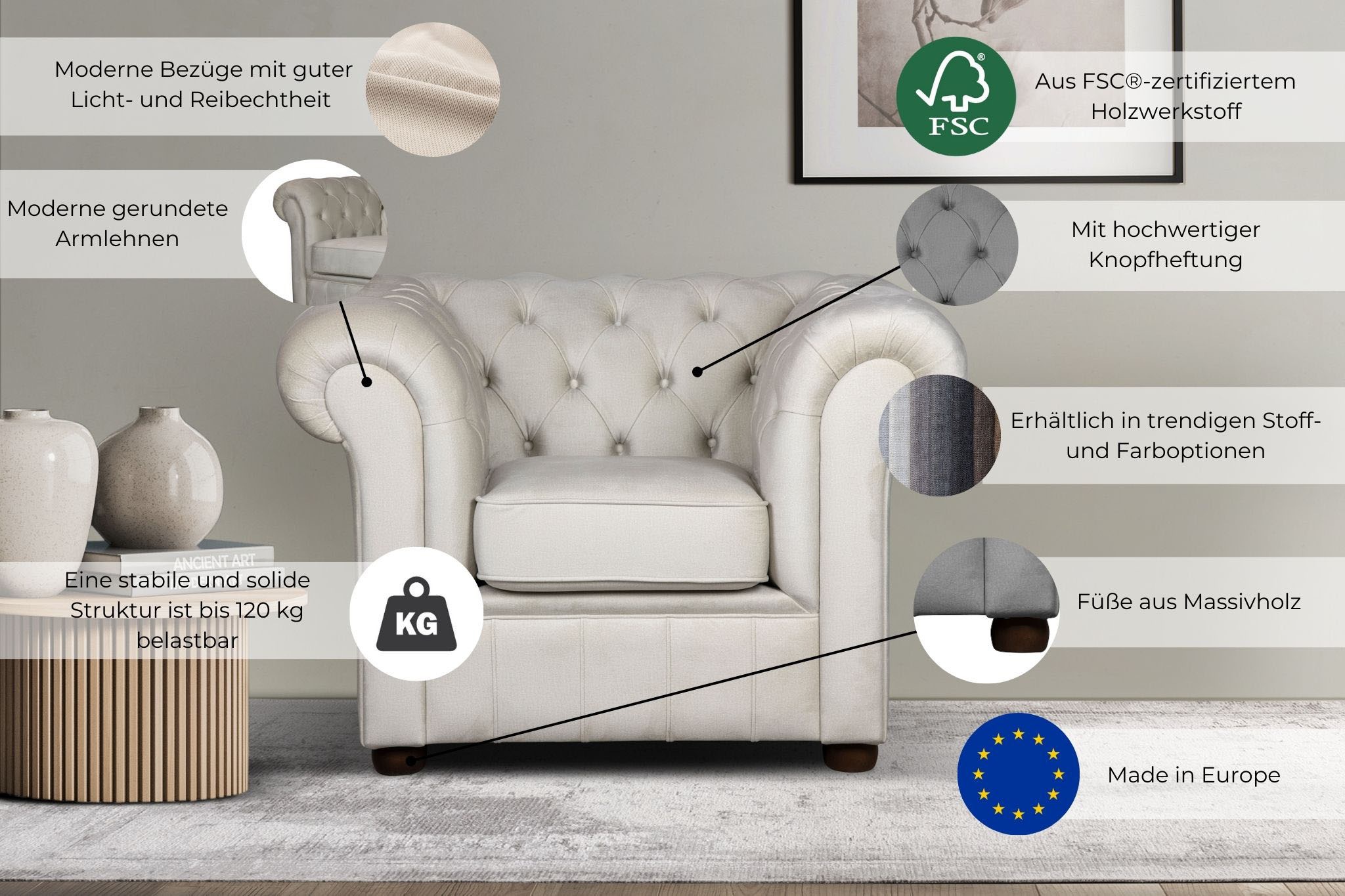 Home affaire Sessel »CHARENTE, Chesterfield, Wellenfederung, Maße B/T/H: 105/89/74 cm«, mit edler Knopfheftung und typischen Armlehnen