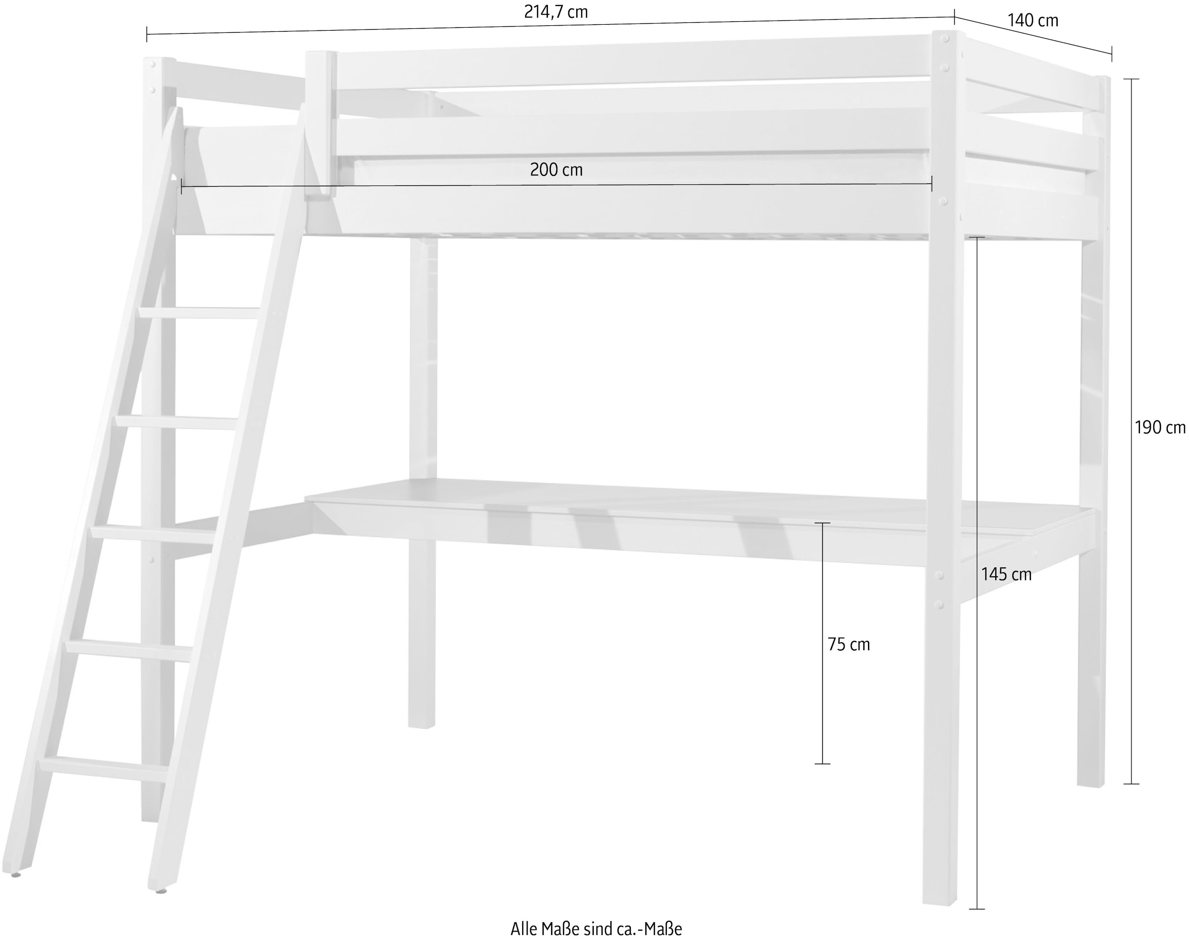 Vipack Hochbett »Pino, Kiefer massiv, sehr standfest, Made in Europe, mit Sessel«, (B/H/T ca. 209x190x215cm, mit großer Schreibplatte und Leiter), inkl. Rolllattenrost, Absturzschutz, 2 Breiten zur Auswahl