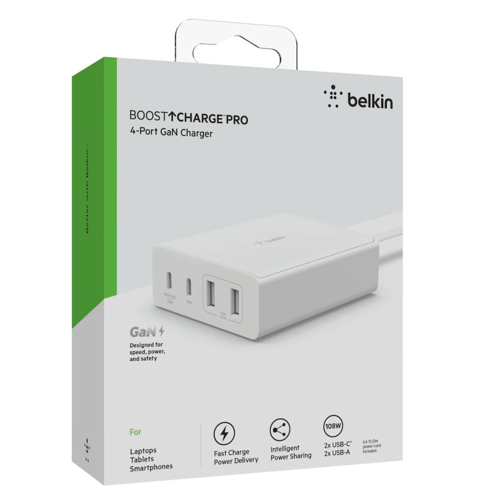 Belkin USB-Ladegerät »108W 4-Port GaN, 2x USB-C, 2x USB-A, 2m Netzkabel«