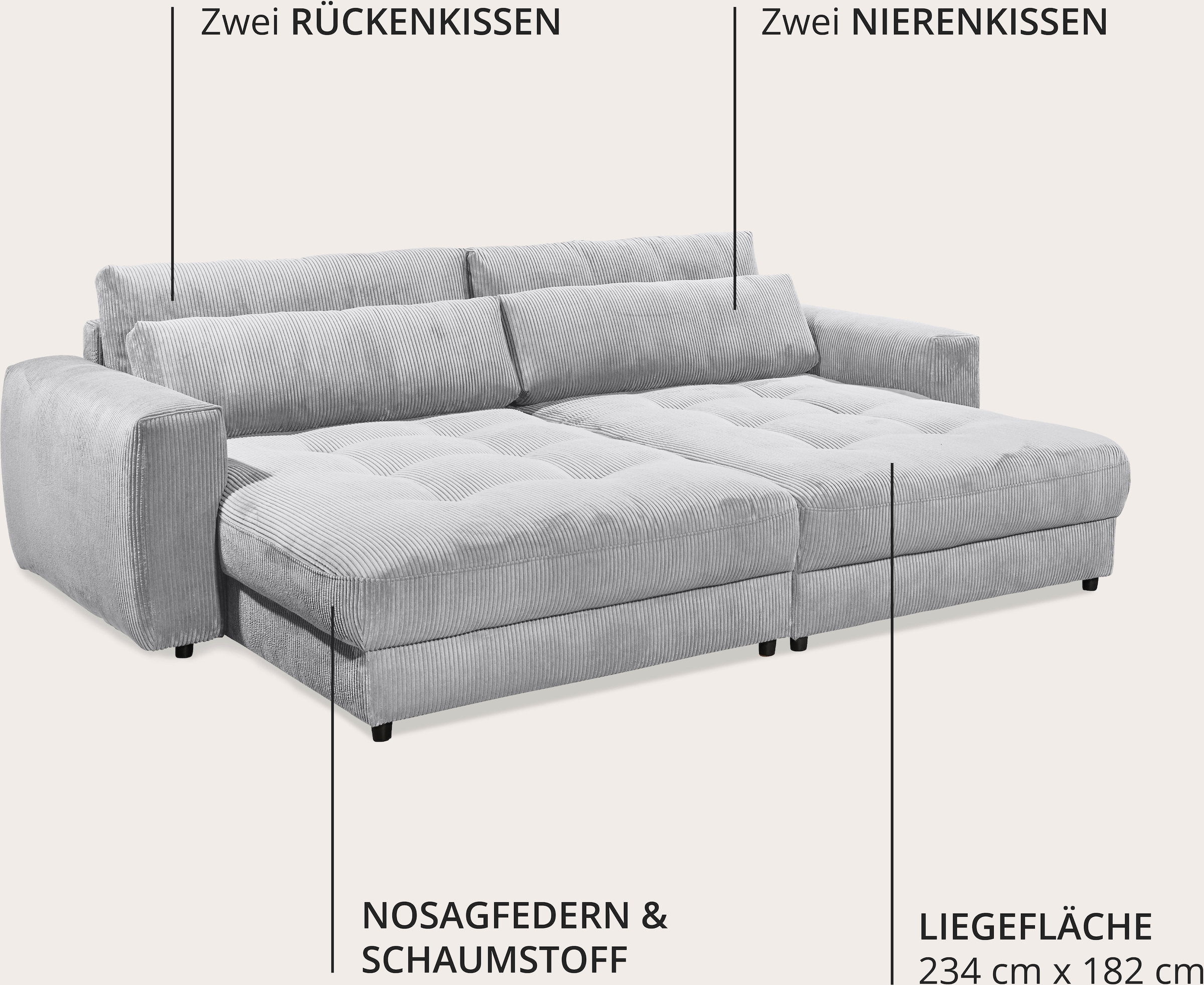 ED EXCITING DESIGN Big-Sofa »Loveseat, 2-Sitzer, Barura, Breite 292« Big-Sofa mit 2 Nierenkissen