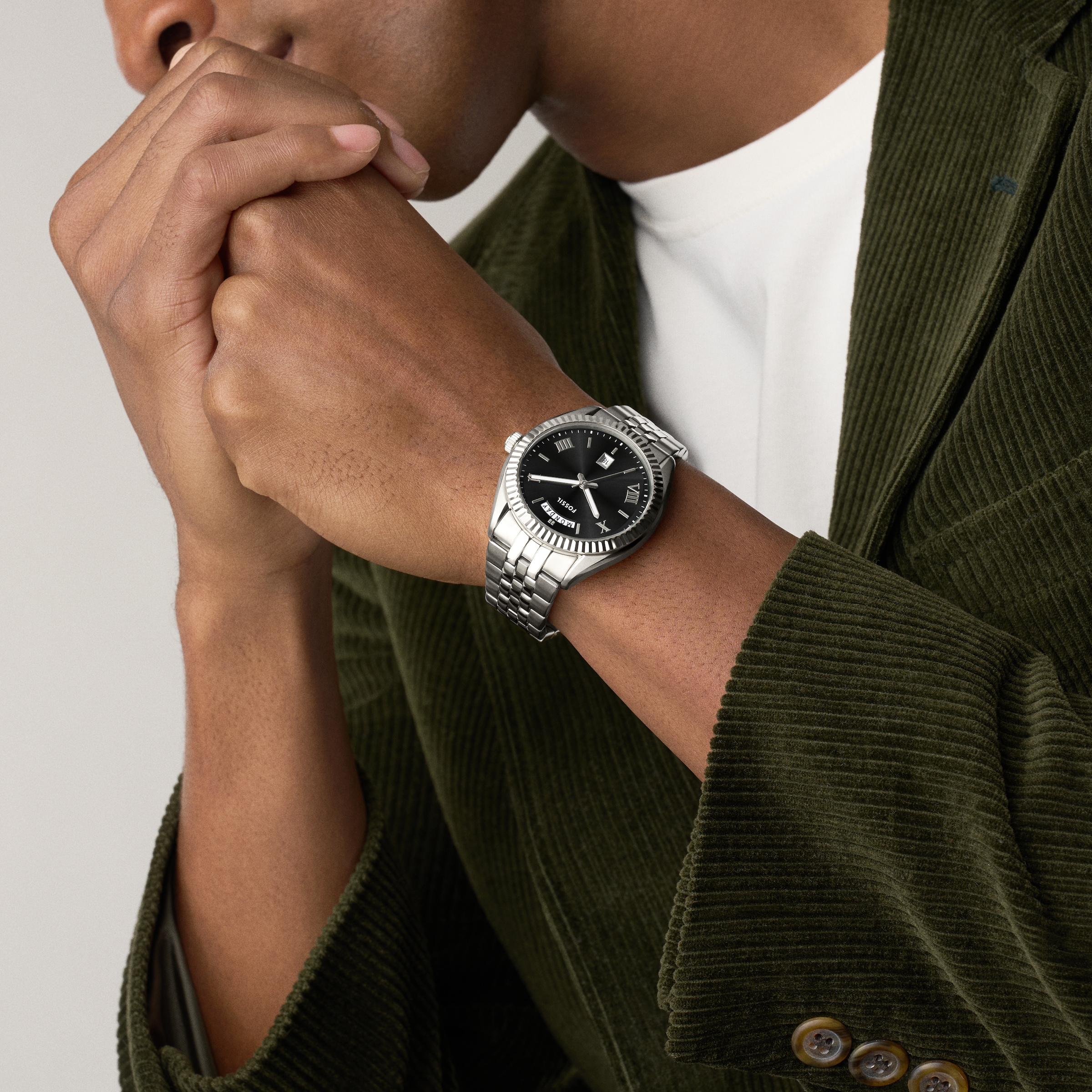 Fossil Quarzuhr »CAMPBELL« Armbanduhr, Herrenuhr, Edelstahlarmband, analog, Tag, Wochentag