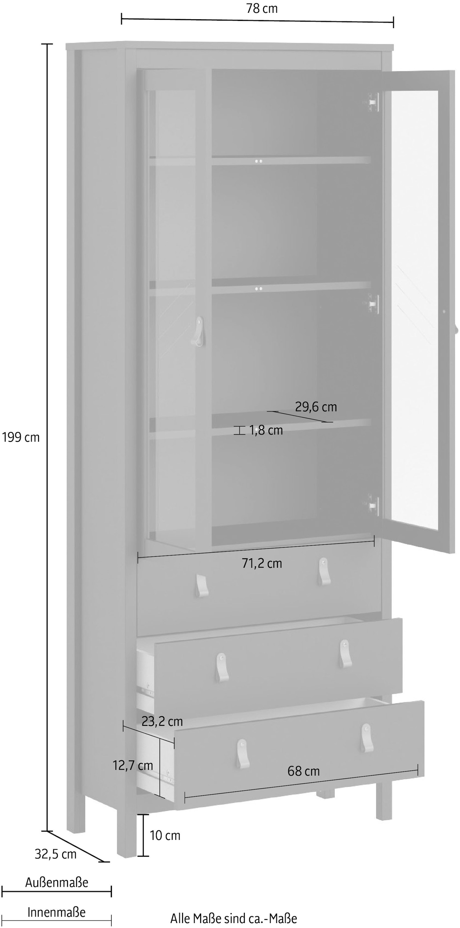 Home affaire Vitrine »Madrid, Glasvitrine Vitrinenschrank Ausstellung Sammelvitrine«, mit 2 Glastüren und 3 Schubladen, Breite 78 cm
