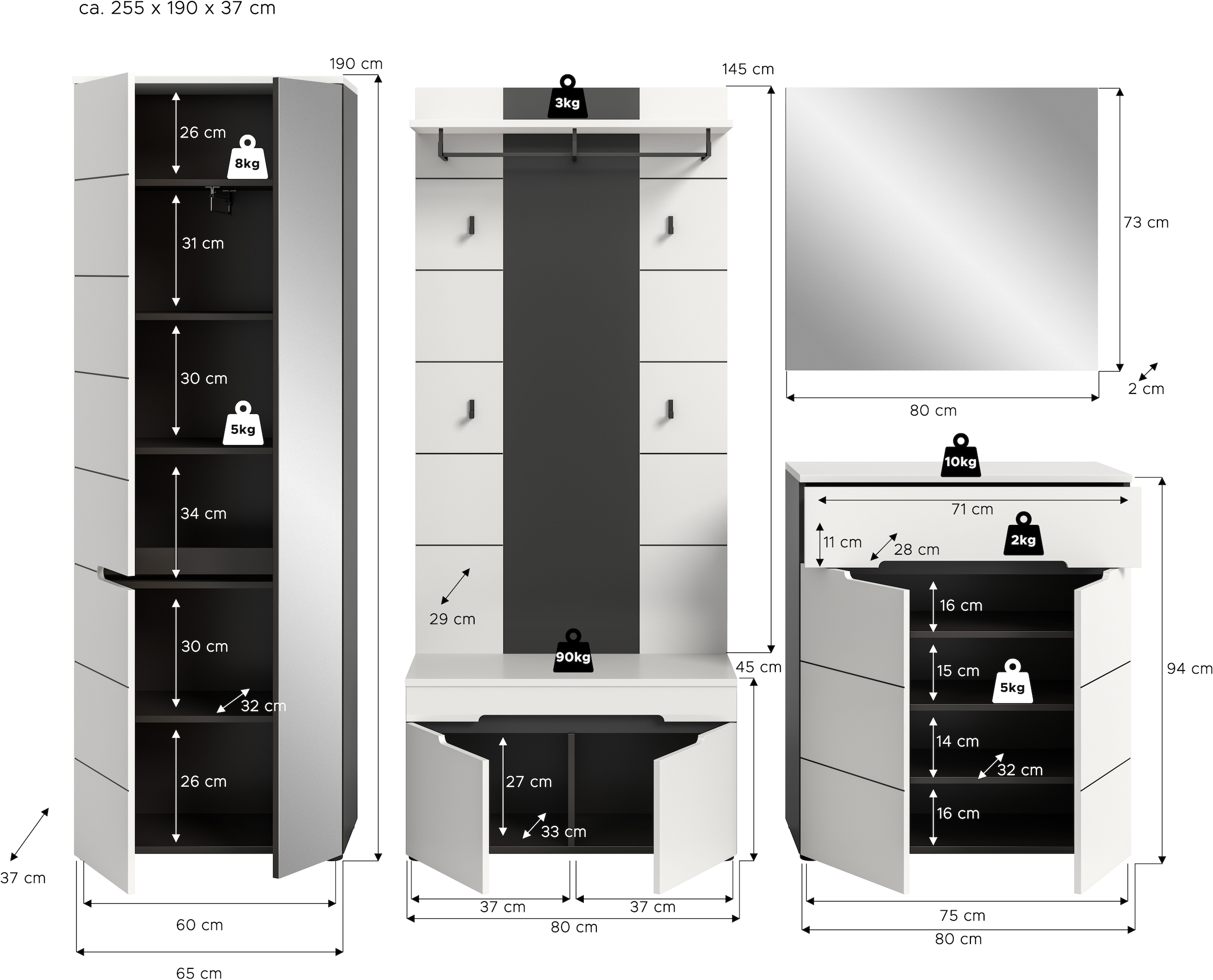 Home affaire Garderoben-Set »REHAT, TOPSELLER!, 5-teilig, Breite 255cm, individuell erweiterbar« Set, bestehend aus: Garderobenschrank, Sitzbank, Paneel, Spiegel, Kommode, 5 Stk. tlg.