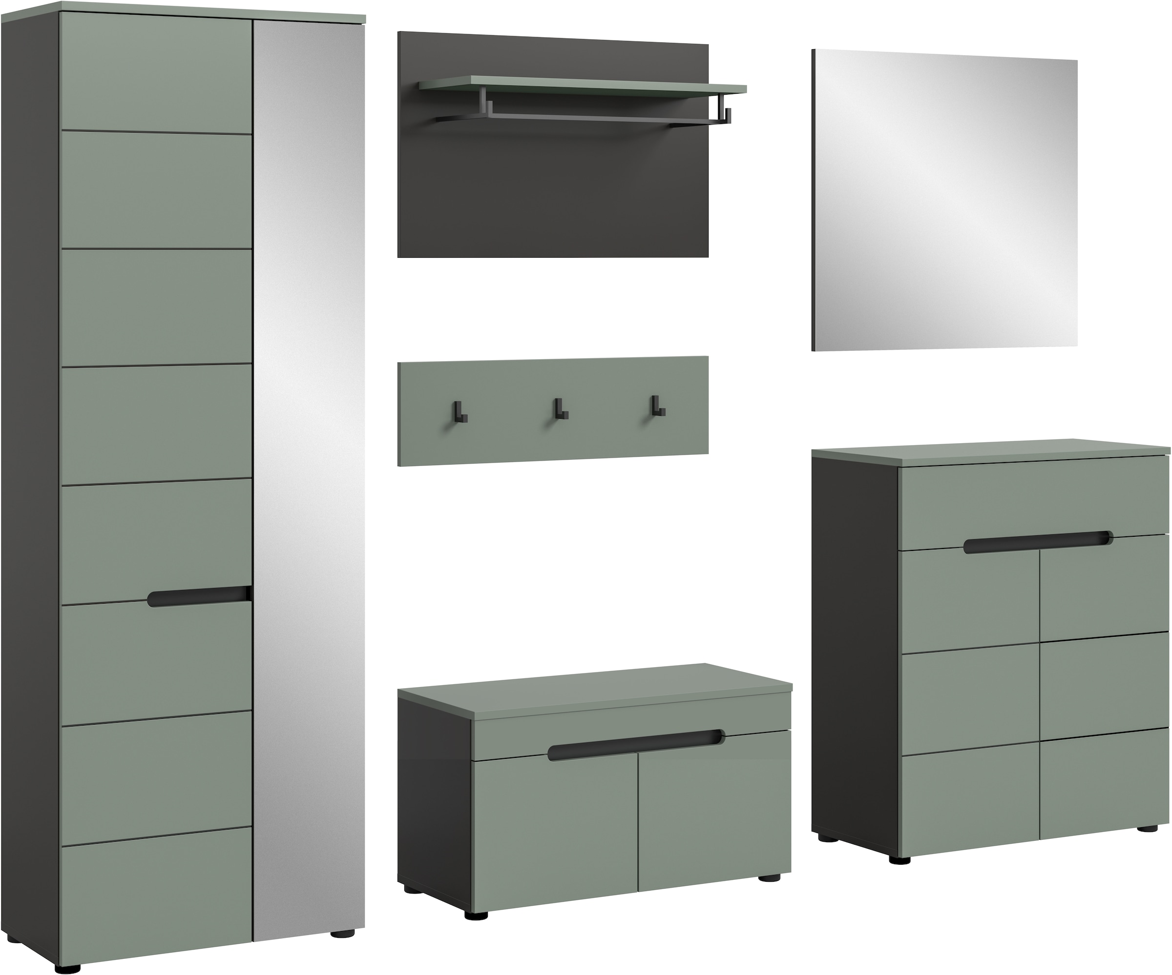 Home affaire Garderoben-Set »Rehat, Garderobenkombination, Breite 255cm« Garderobenschrank, Sitzbank, Paneel, Hakenleiste, Spiegel, Kommode, 6 Stk. tlg.