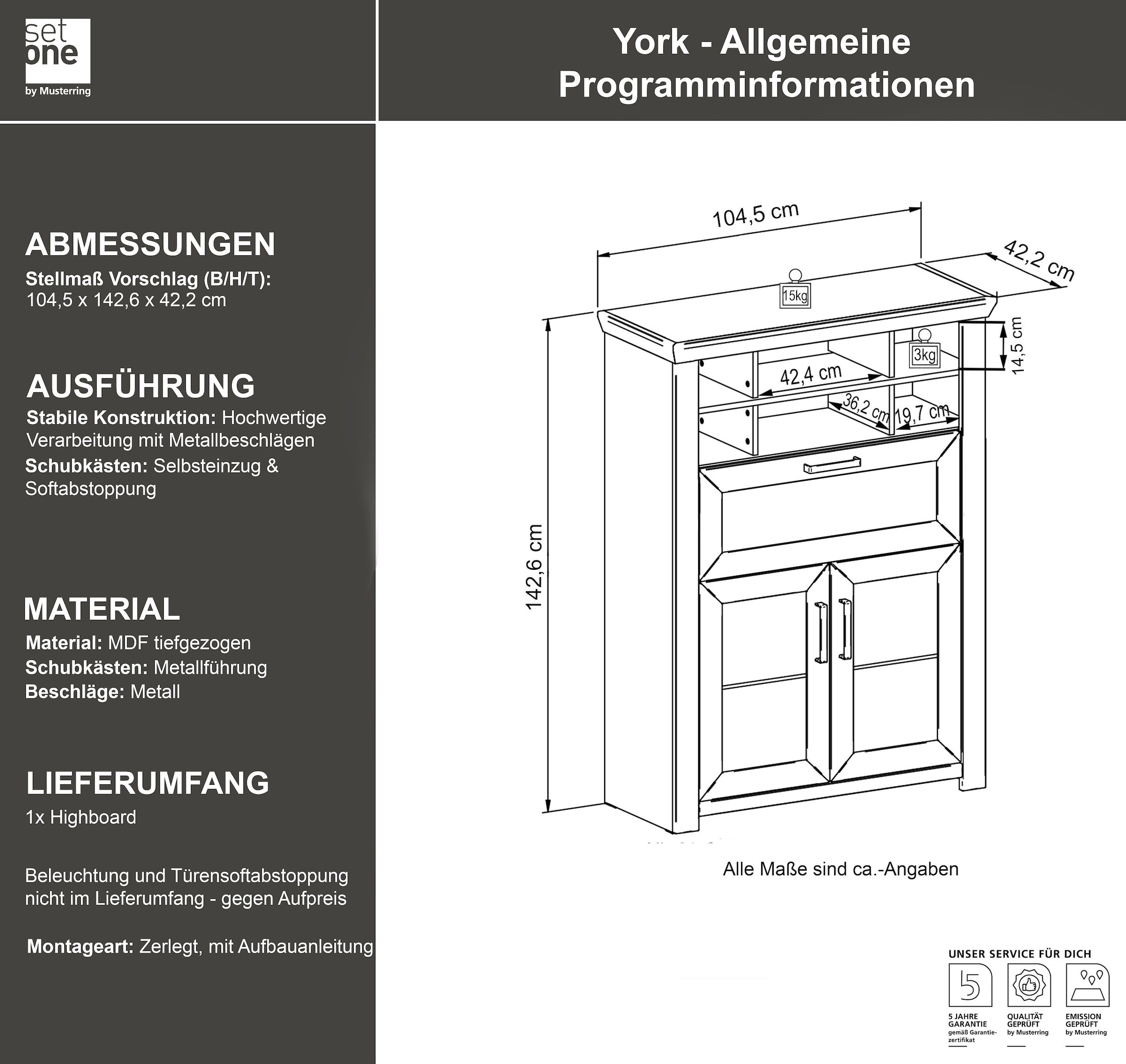 set one by Musterring Highboard »York« Typ 15, mit Holztüren und Klappe, Beleuchtung optional, Breite 105 cm