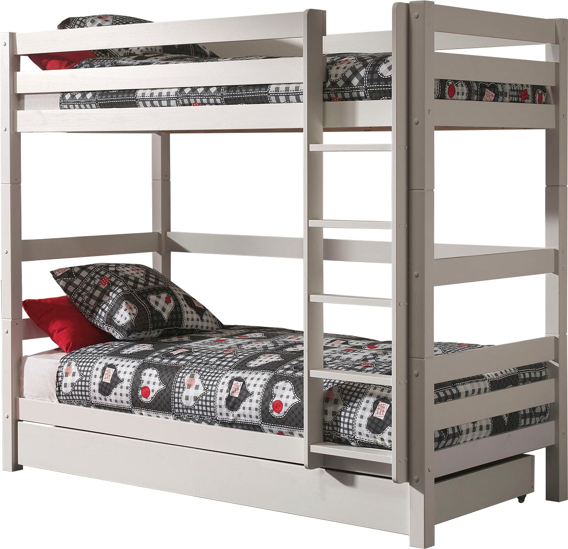 Vipack Etagenbett »Pino, inkl. Rolllattenrost, Leiter und Absturzschutz«, (B/H/T ca. 210x182x105cm, massiv Kiefer verschiedene Farben), wahlweise ohne Schublade, mit 1 großen, 2 kleinen Bettschubladen