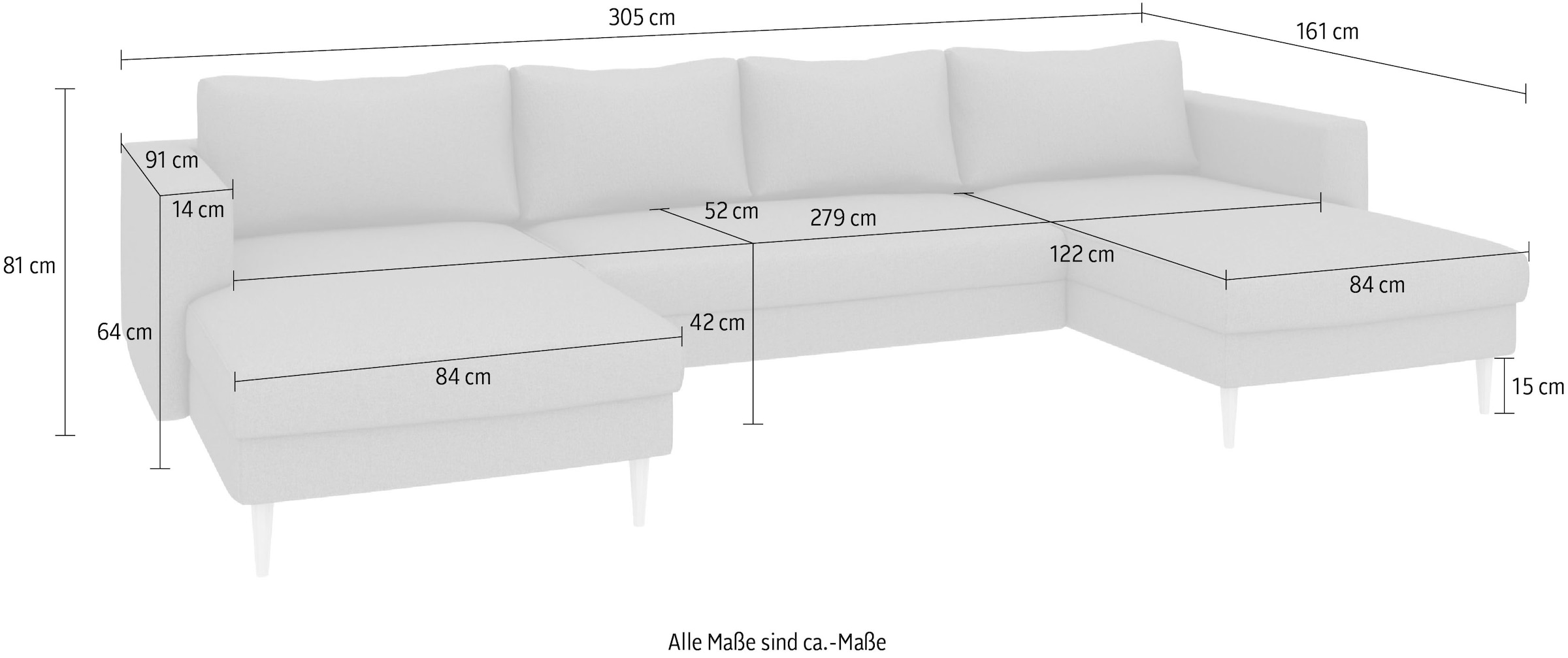 TRENDMANUFAKTUR Wohnlandschaft »Amazing, wahlw. mit Schlaffunktion & Bettkasten, Fuß Buche lackiert« Sofa in U-Form, in Cord oder Struktur, Breite 305 cm