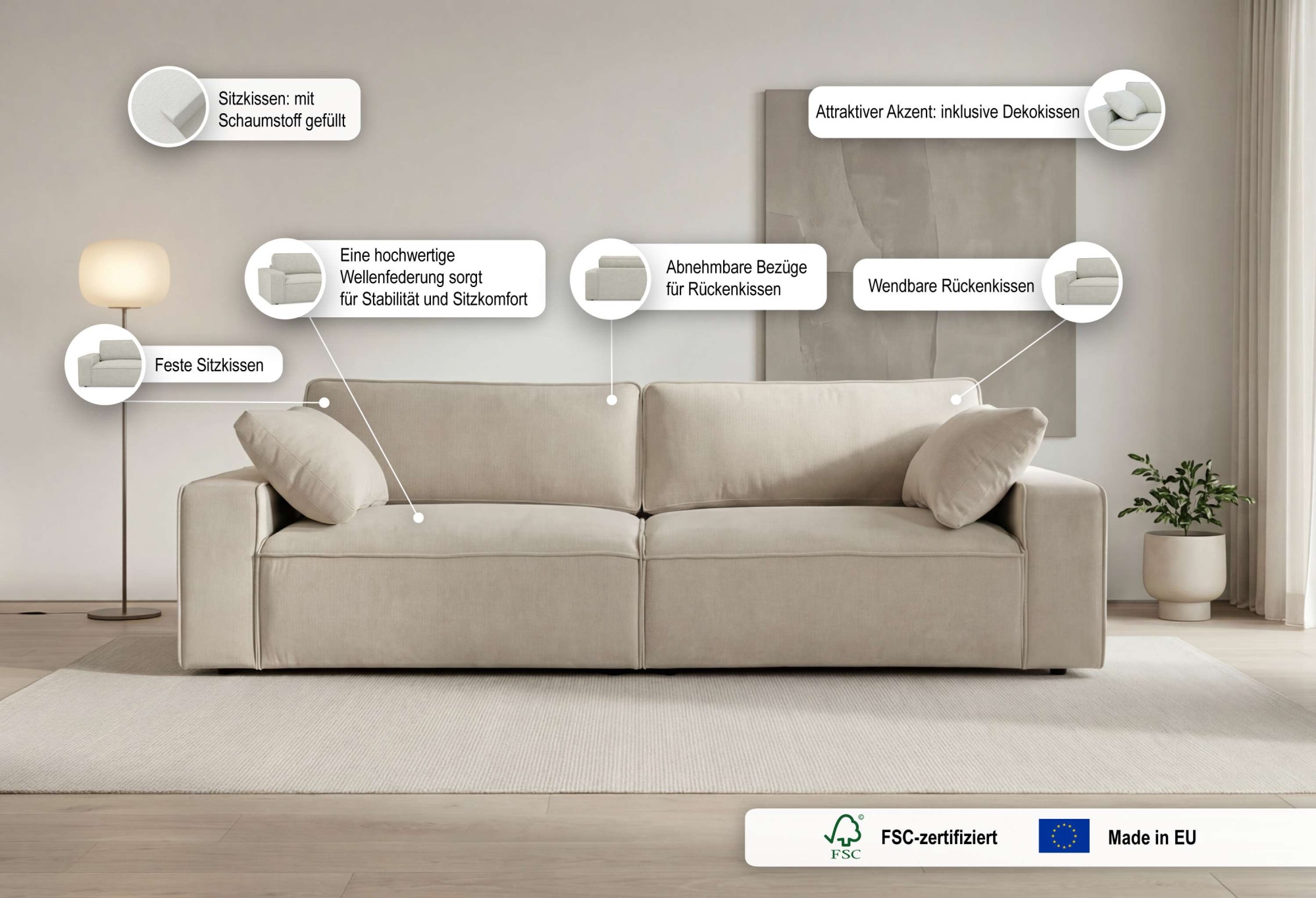 OTTO home 3-Sitzer »Mittell, Chenille« Breite 245 cm, bodentief, extra Kissen inkl., tiefe Sitzfläche