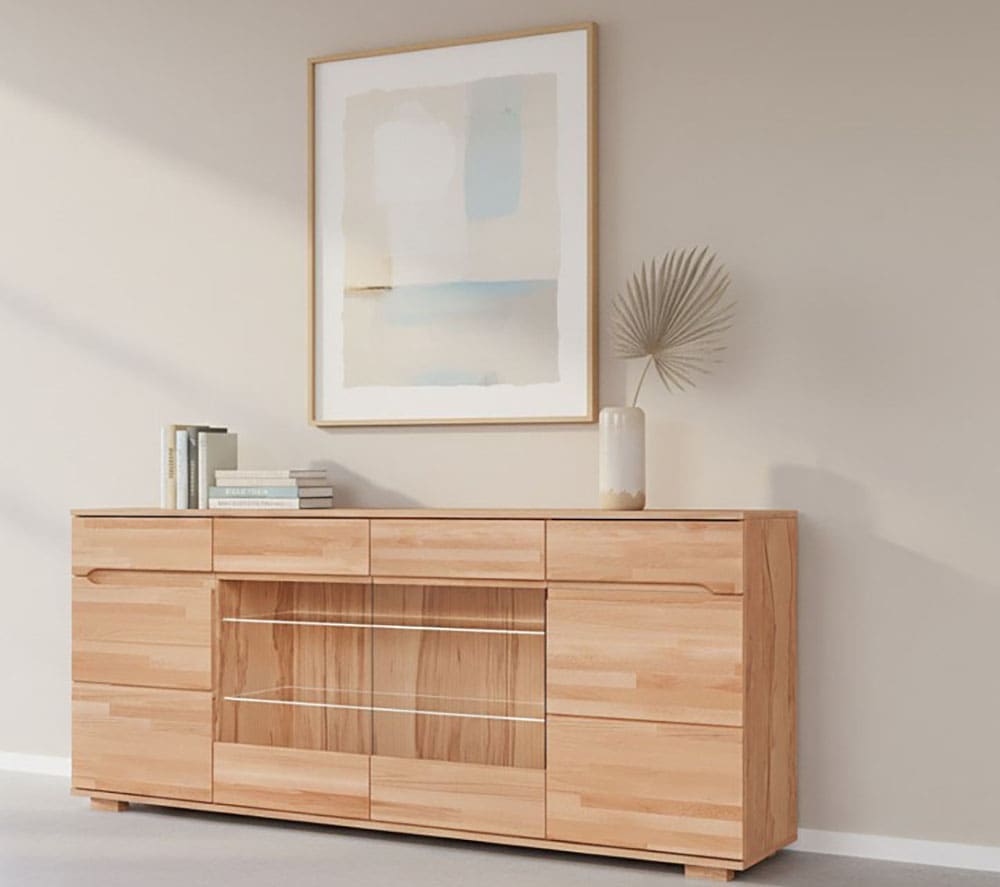 OTTO home Sideboard »VETRO Teilmassiv, Fronten Massivholz, Wohnzimmer, Stauraum,Griffmulde« B/T/H:199/40/85cm, 2 Schubladen, 7Fächer