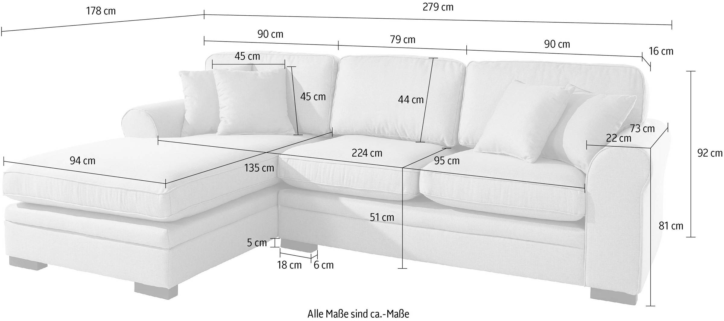 Home affaire Ecksofa »Broughton L-Form«, weicher Sitzkomfort, incl. 4 Zierkissen, Keder