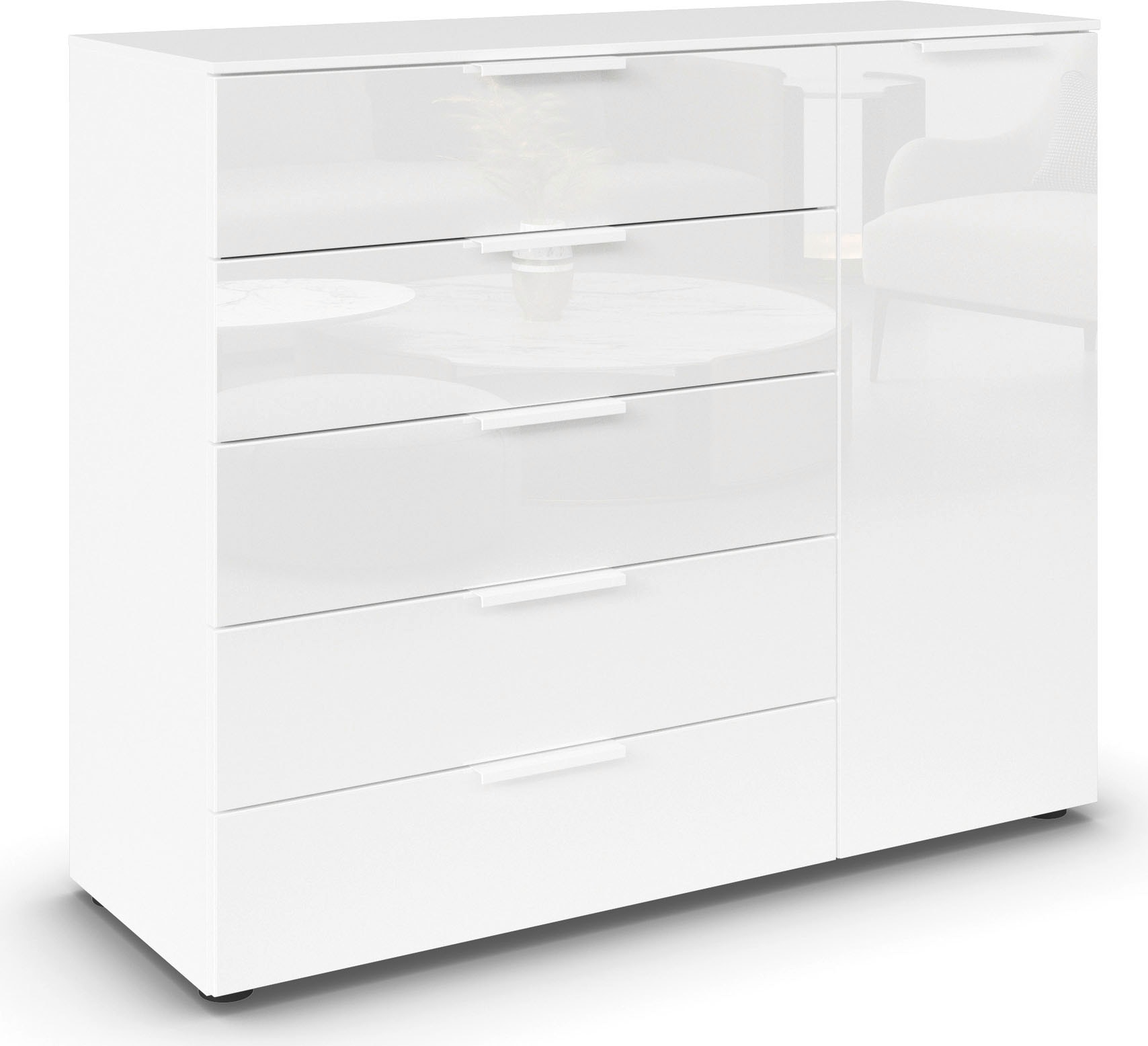 rauch Schubkastenkommode "Kommode Türkommode Sideboard Kombikommode FLIPP mit Glasfront" Breite 120 cm mit 2 Einlegeböden, 1-türig mit 5 Schubladen und Soft-Close-Funktion sowie Glasfront