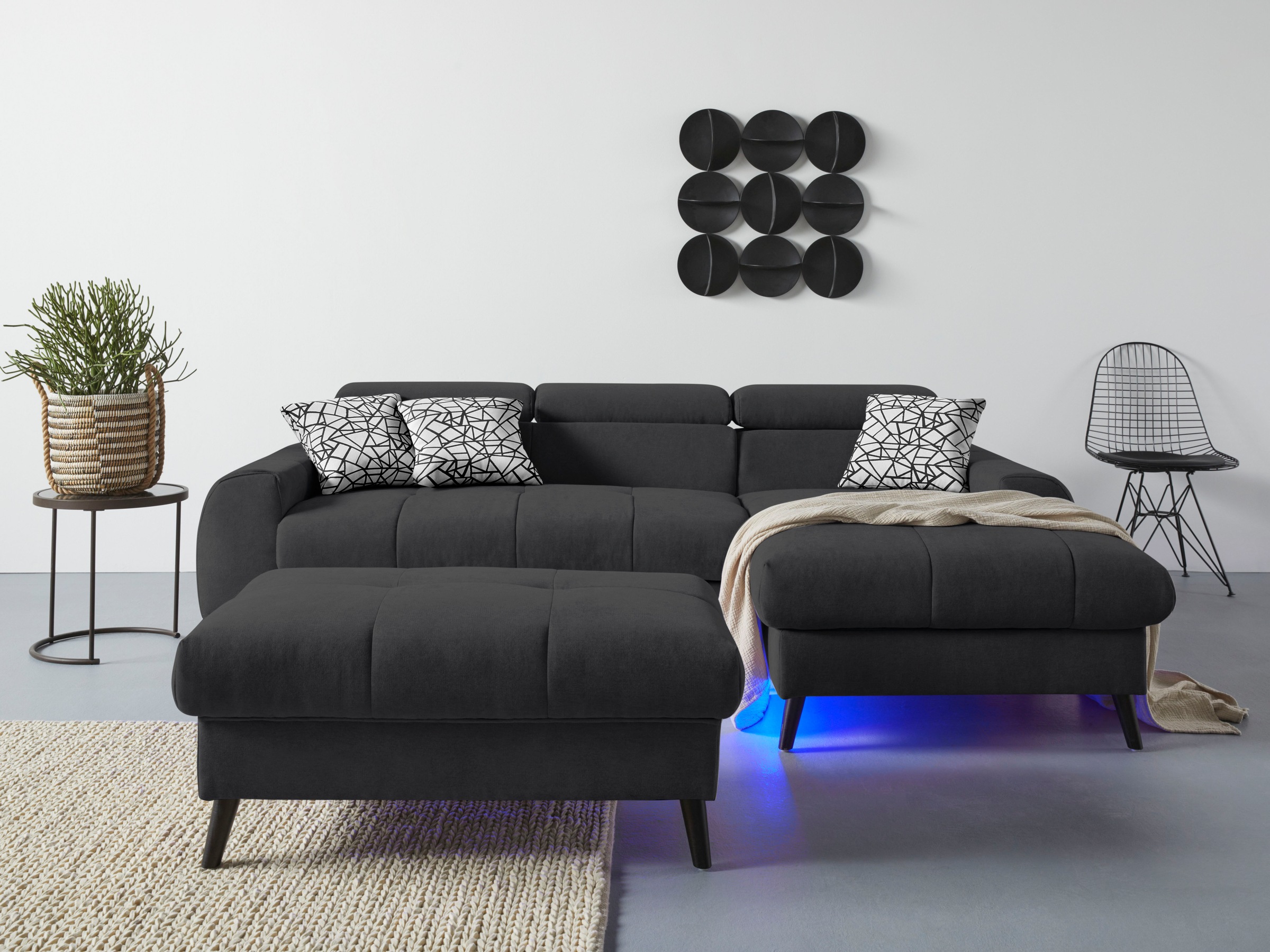 COTTA Ecksofa »Mia L-Form mit 3 Zierkissen«, wahlweise mit Bettfunktion, Bettkasten, Beleuchtung & Wireless-Charger