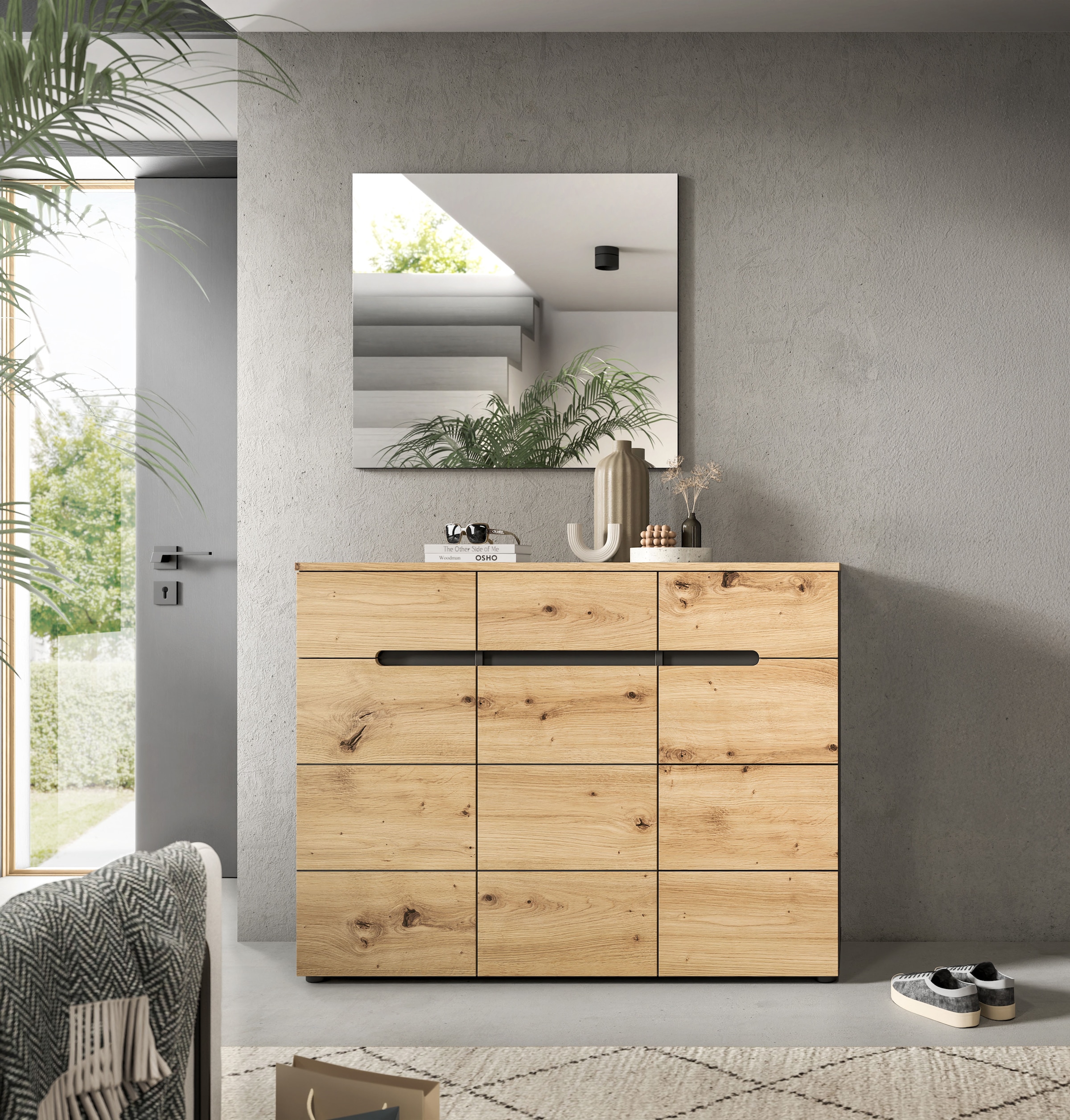 Home affaire Garderobenschrank »REHAT, Breite 120 cm, 3 Türen, 3 Schubkästen, 12 Fächer« in verschiedenen Farben erhältlich, Platz für ca. 24 Paar Schuhe, 1 Stk. tlg. Schuhschrank, Kommode, Schuhkommode, Anrichte, Sideboard