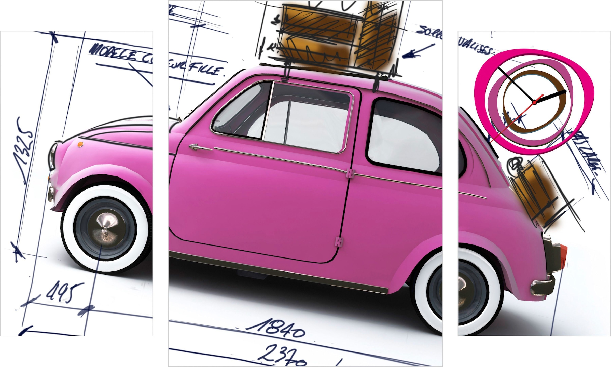 Mini mit auf Car«, Uhr Uhr Conni »Pink dekorativer kaufen Bild (Set), Rechnung Oberkircher´s mit Auto,