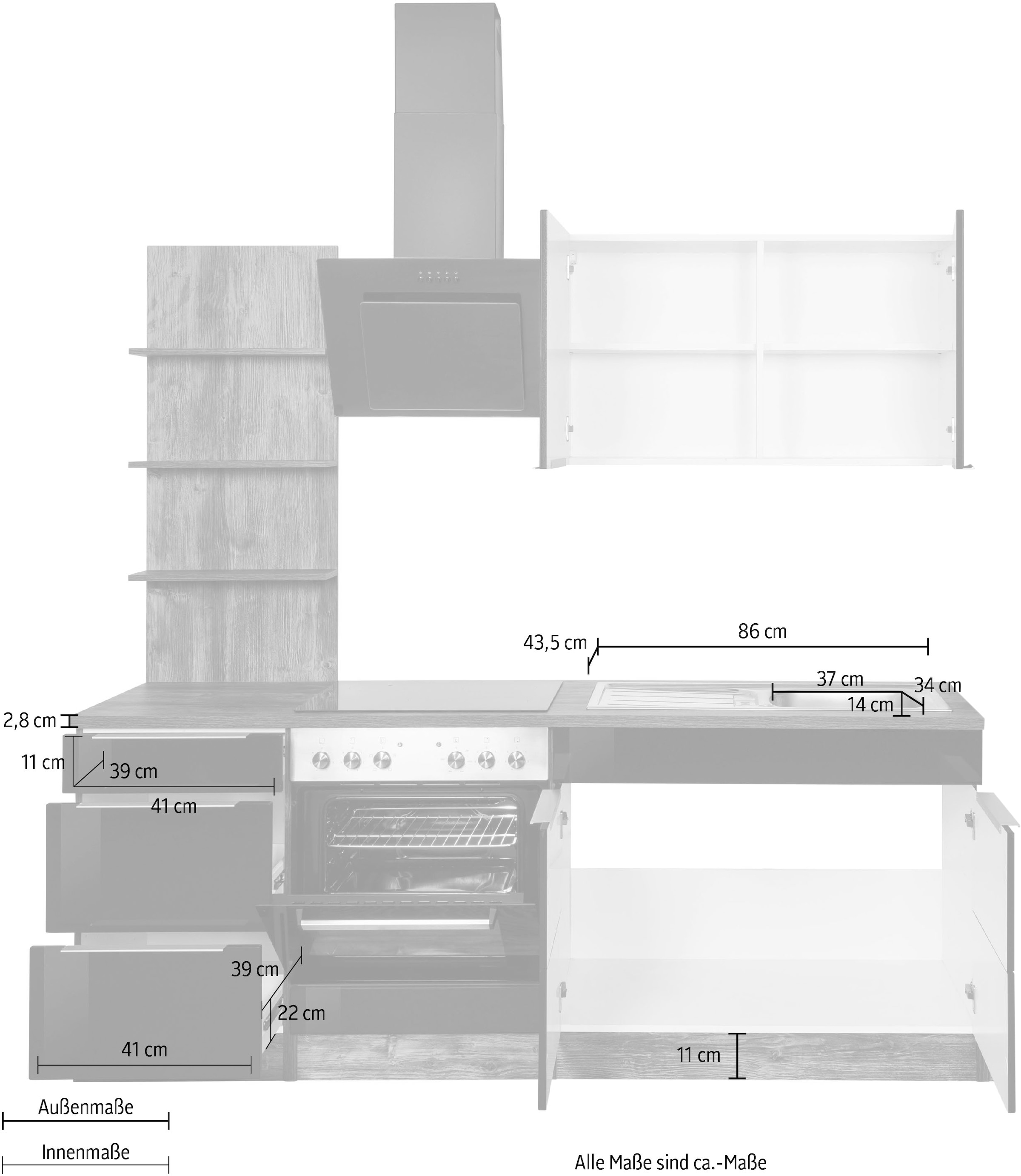 KOCHSTATION Küchenzeile »KS-Brindisi«, Breite 210 cm, wahlweise mit E-Geräten, mit MDF-Fronten und Regal