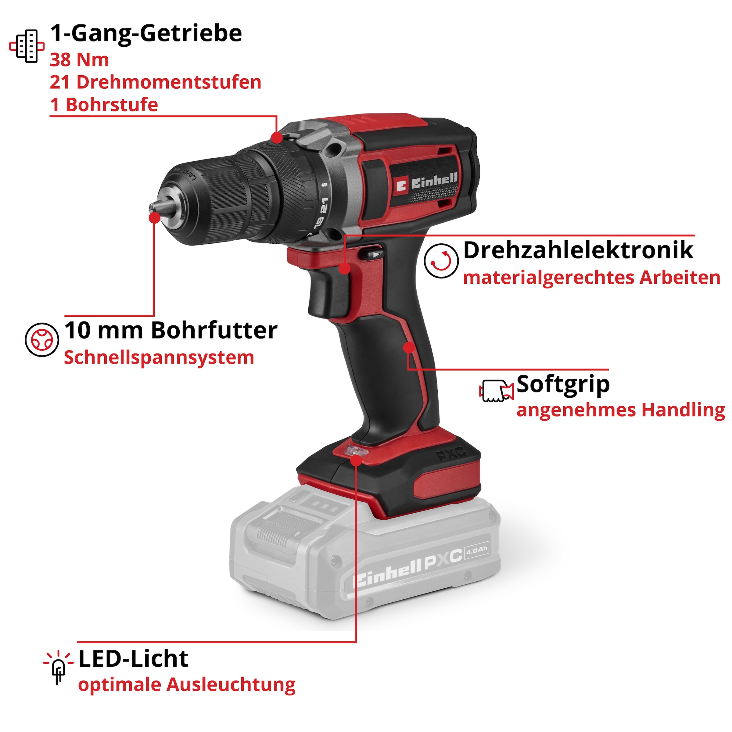 Einhell Akku-Bohrschrauber »TC-CD 18/38 Li - Solo« ohne Akku und Ladegerät
