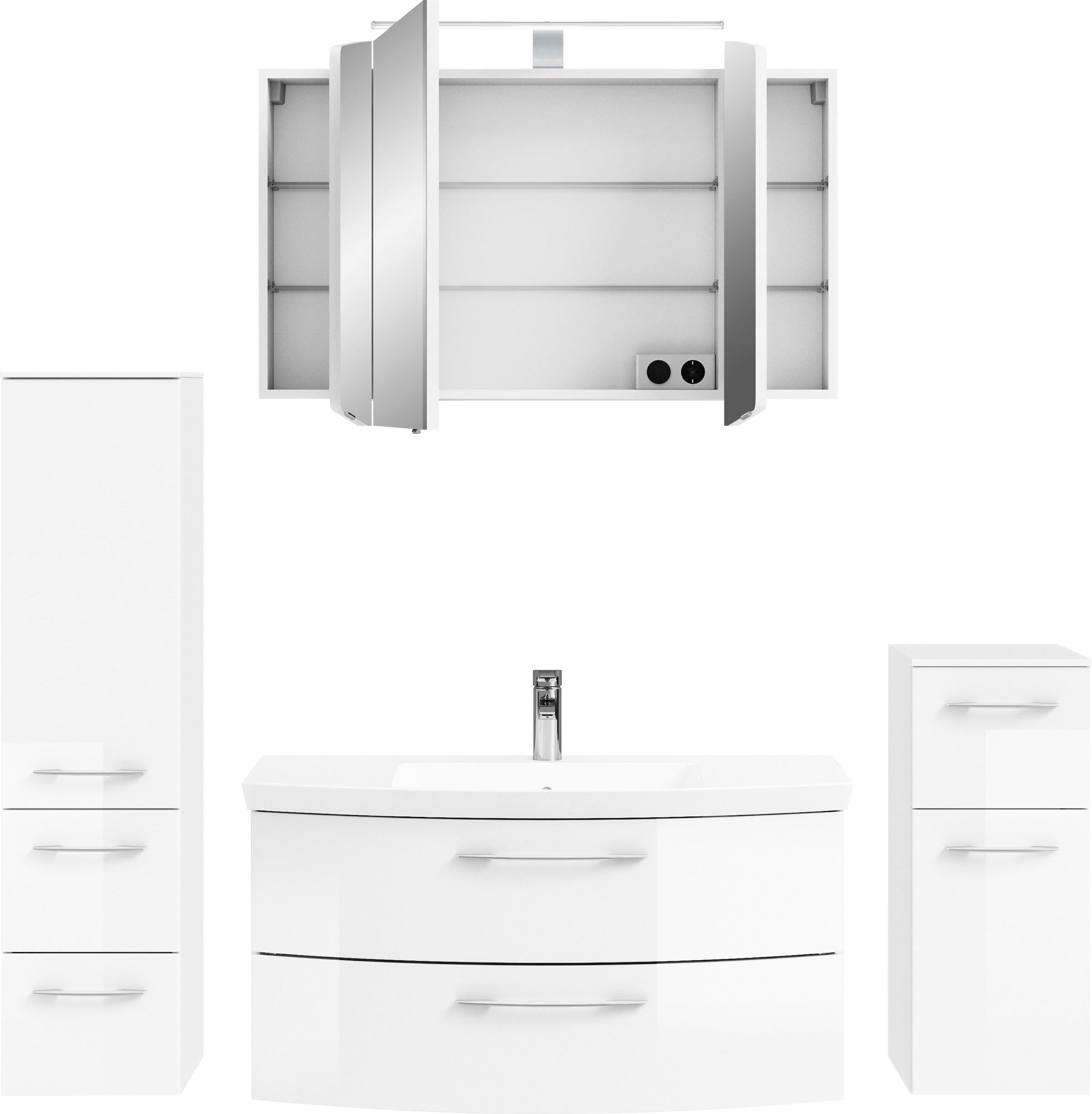 Saphir Badezimmer-Set »Cassca Sprint 4-teilig Mineralmarmor-Waschtisch mit LED-Spiegelschrank«, (5 St.), Midischrank, Unterschrank, inkl. Türdämpfer, 5 Türen, 5 Schubladen