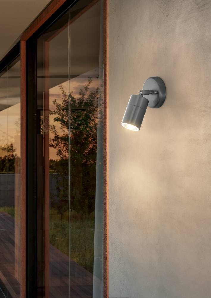 EGLO LED Außen-Wandleuchte »STOCKHOLM1 Spot, Wandspot, Außenleuchte, Eddelstahl, silber, IP44« GU10 1 Stk. Warmweiß Eckmontage möglich, GU10, Garten, Terrasse, Hauswand, Garage, 10cm