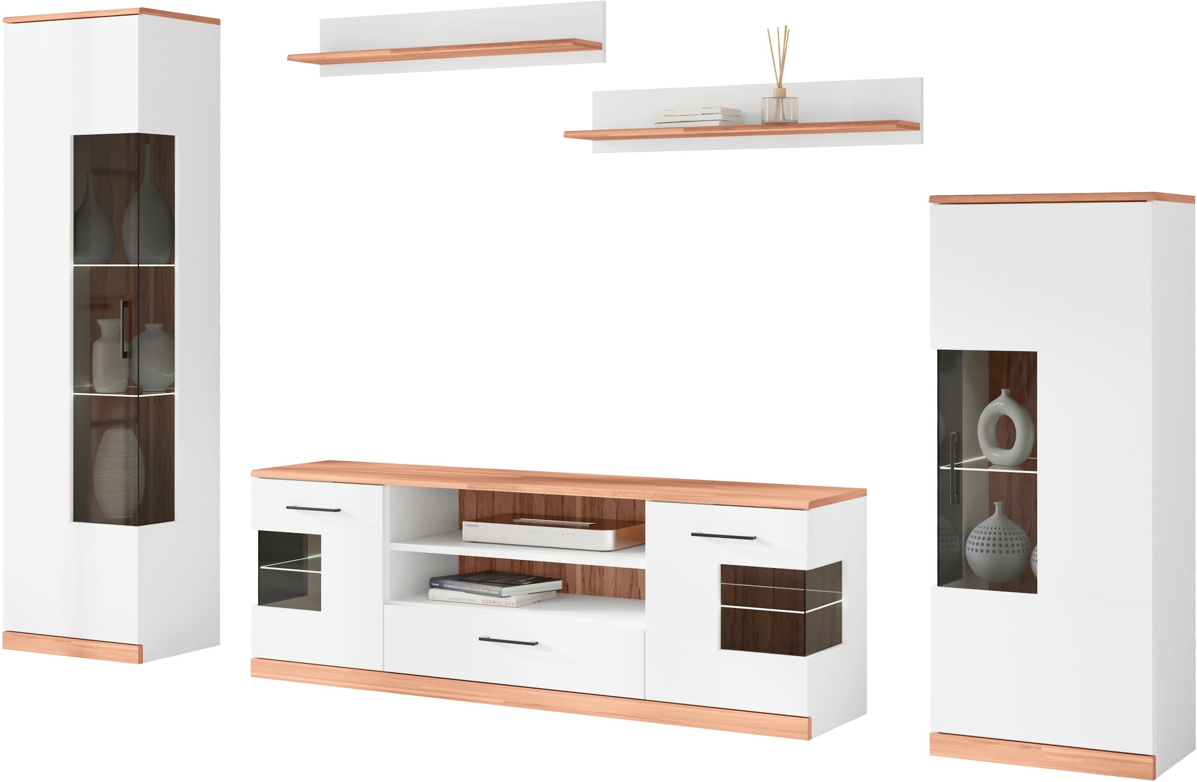 Home affaire Wohnwand »Ribe Wohnwand Set-5 St.« Set, 5 Stk. tlg. Glaseinsatz aus gehärtetem Glas,Böden teilweise versetzbar