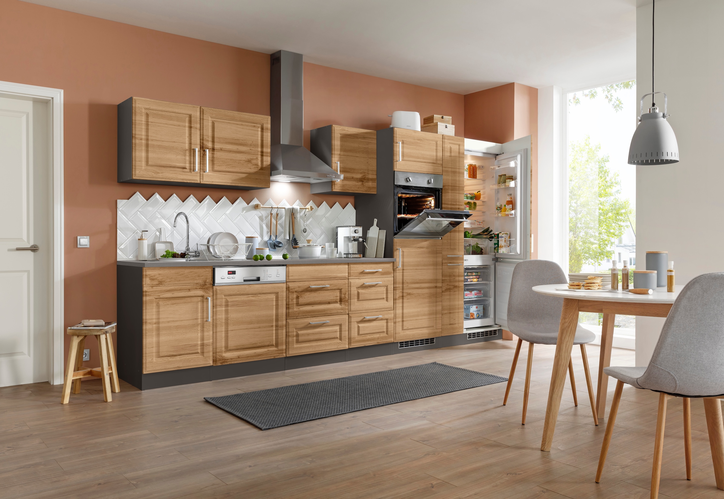 KOCHSTATION Küchenzeile »KS-Stockholm«, Breite 370 cm, mit hochwertigen MDF Fronten im Landhaus-Stil