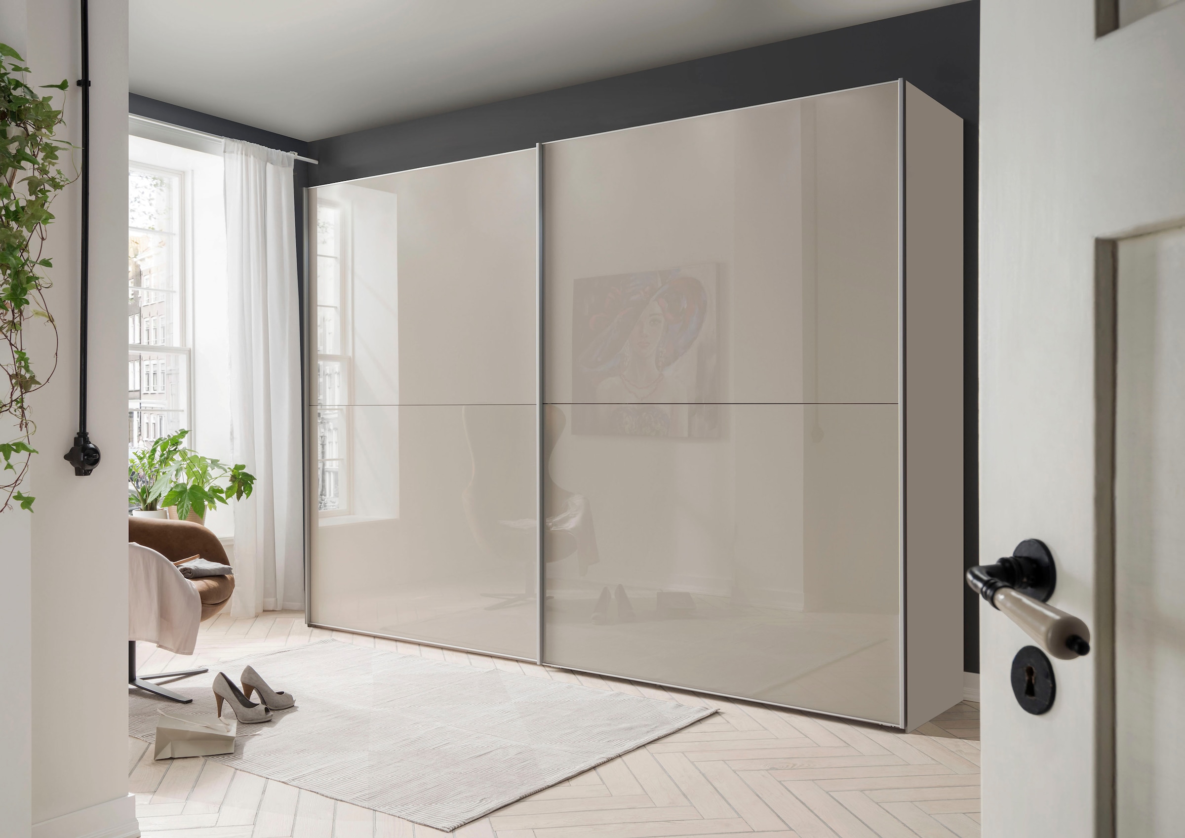 WIEMANN Schwebetürenschrank »Orion, Kleiderschrank, Schrank, Wäscheschrank, mit Schiebetüren«, hochwertige Glasfront, variable Inneneinteilung, stilvolle Optik