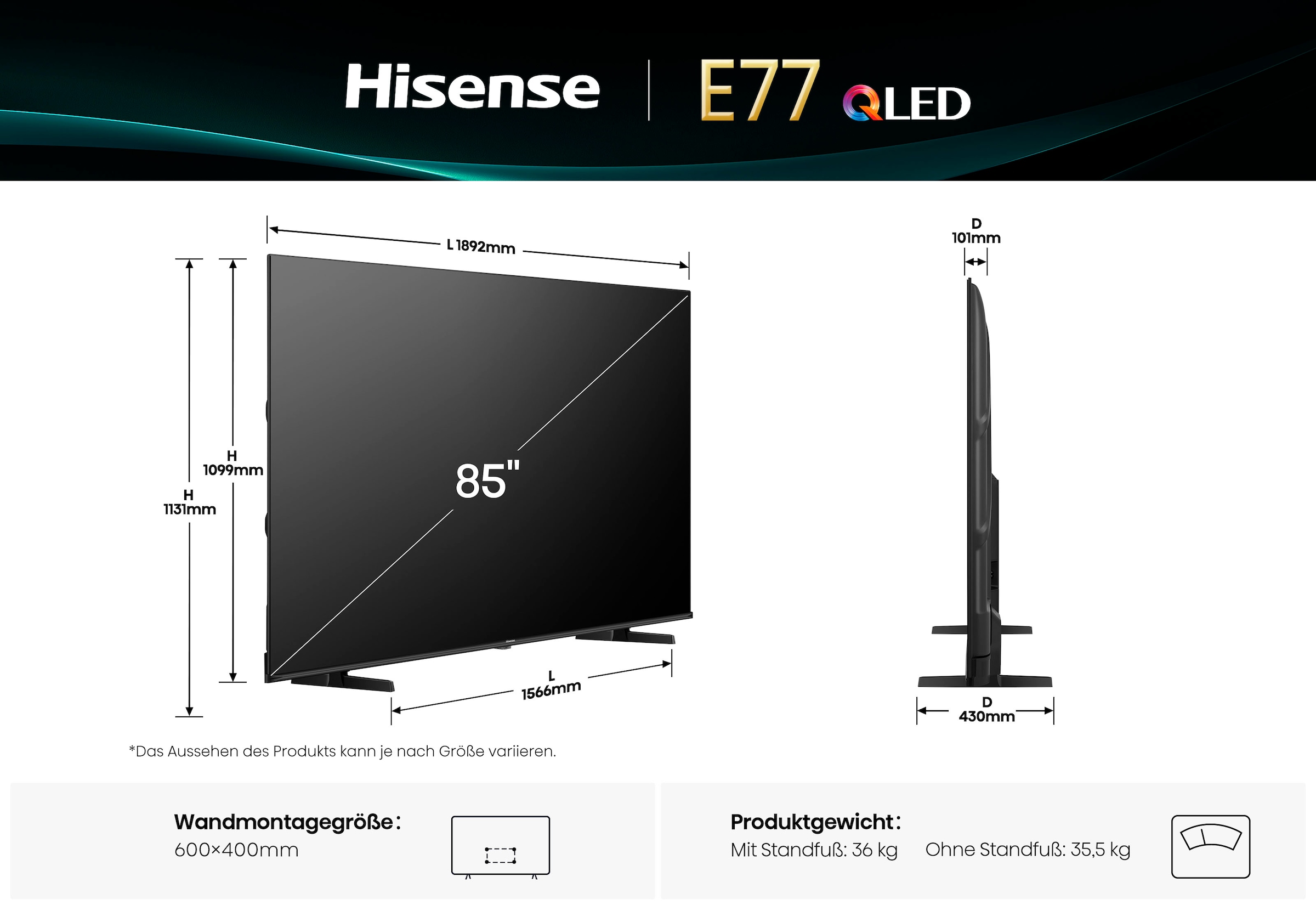 Hisense QLED-Fernseher »85E77Q«, 4K Ultra HD, Smart-TV, 4K UHD QLED