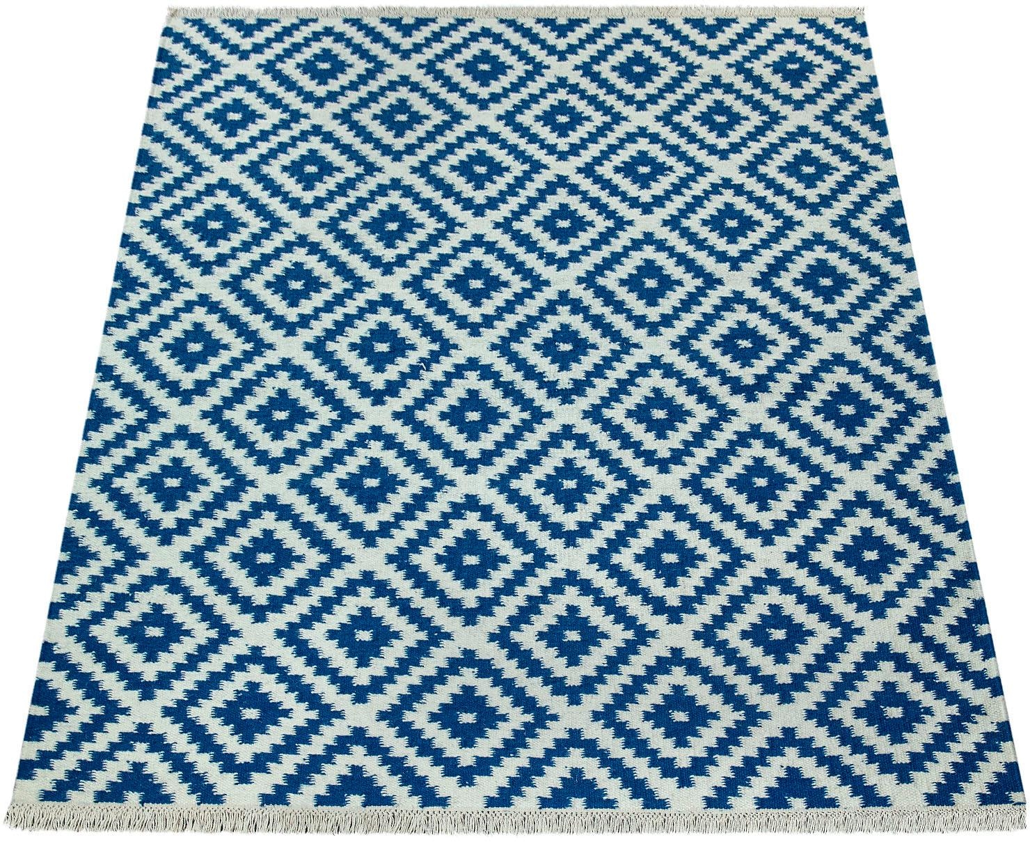 Paco Home Wollteppich »Kenitra 500« rechteckig 12 mm Höhe Flachgewebe, reine Wolle, handgewebt, Rauten Design, mit Fransen