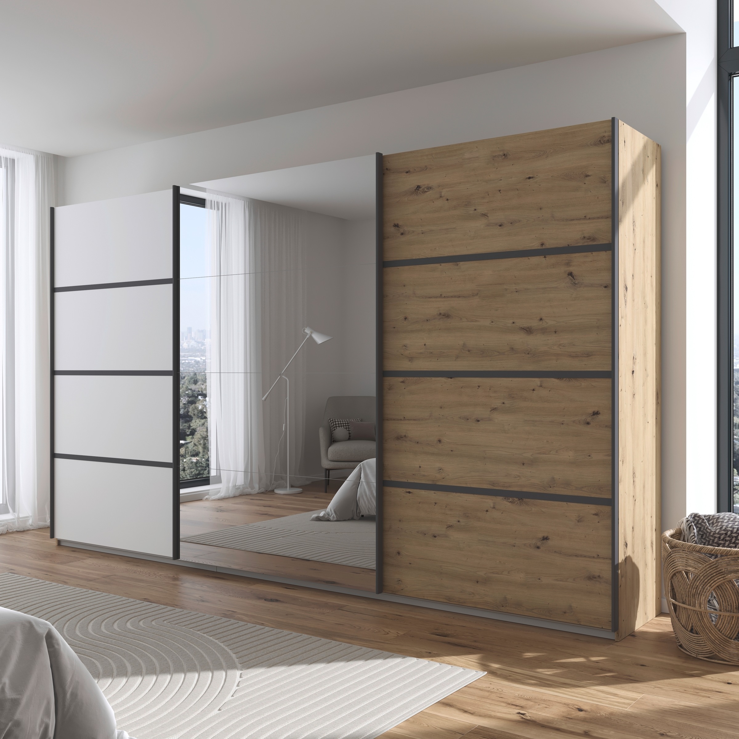 rauch Kleiderschrank »Schwebetürenschrank OTTO´s Choice Garderobe Schrank TOP ANGEBOT Avola«, (in 3 verschiedenen Ausstattungen BASIC/CLASSIC/PREMIUM inkl. Spiegel), mit eleganten Zierleisten in Chrom, Schwarz oder Weiß MADE IN GERMANY
