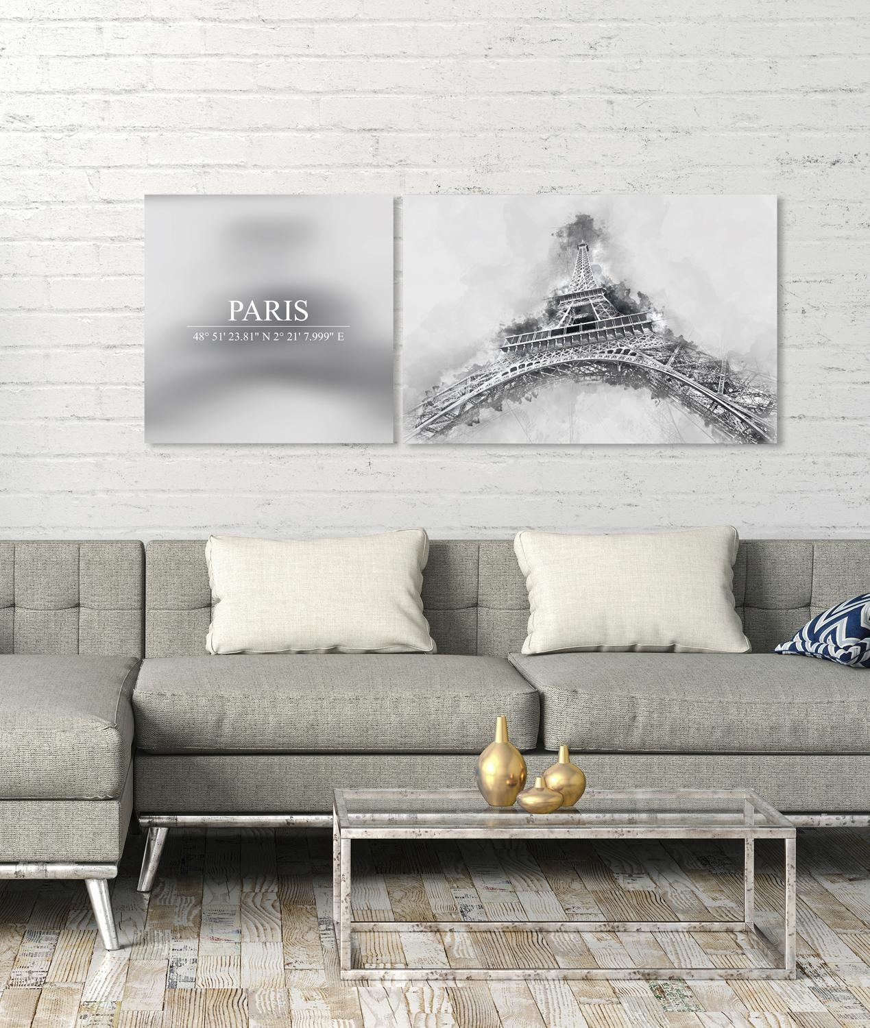queence Leinwandbild »Paris«, Elemente der Architektur-Paris-Kunst-Sprüche-Sprüche & Texte-Schriftzug-Schriftzüge, (Set), Premium-Leinwandstoff, Handarbeit aus Deutschland, Spruch, 2er Set