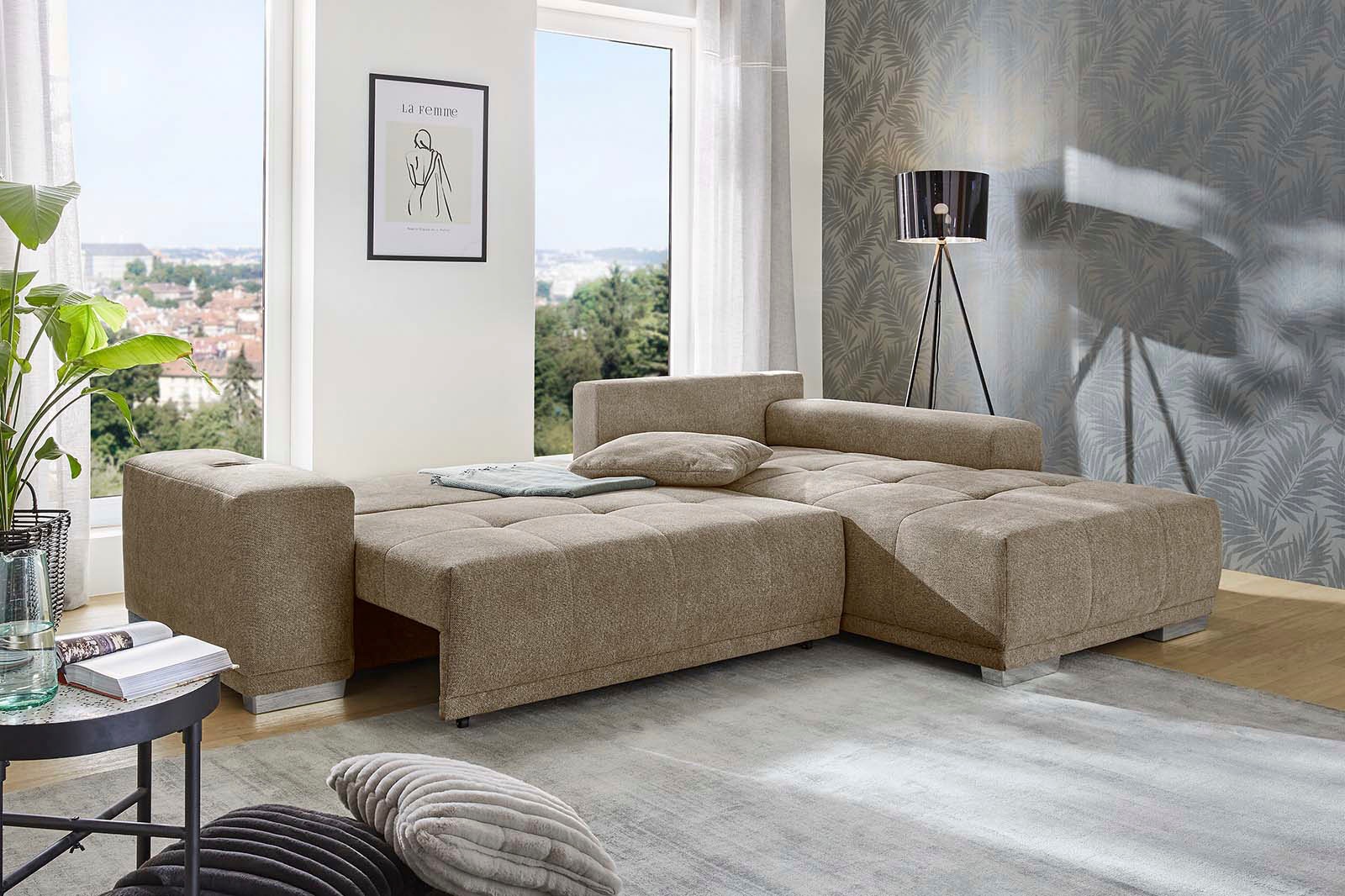 Jockenhöfer Gruppe Ecksofa »Luciano L-Form mit induktiver Lademöglichkeit, USB-A & USB-C Ladeport«, Bettkasten/Stauraum, rechts/links montierbar, große Liegefläche