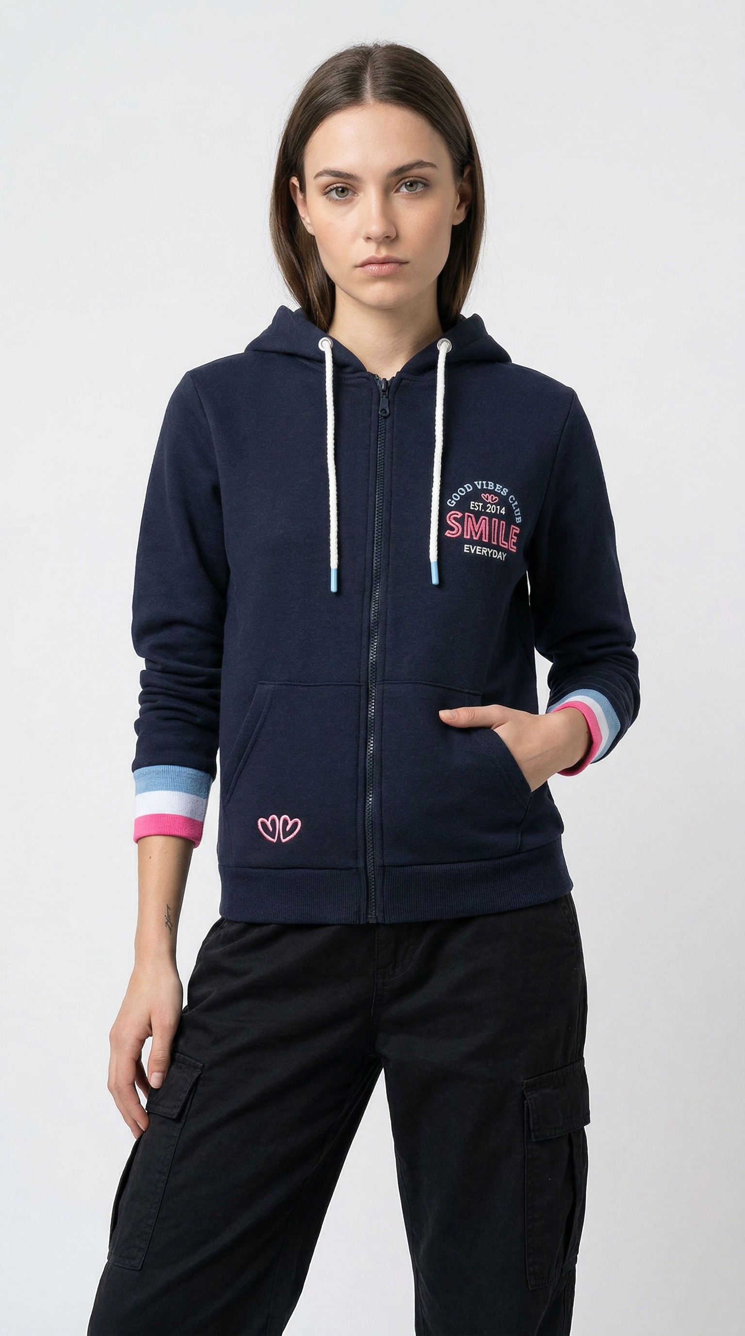 Zwillingsherz Sweatjacke Kapuze, Langarm, Stickerei am Rücken, Langarm, Reißverschluss