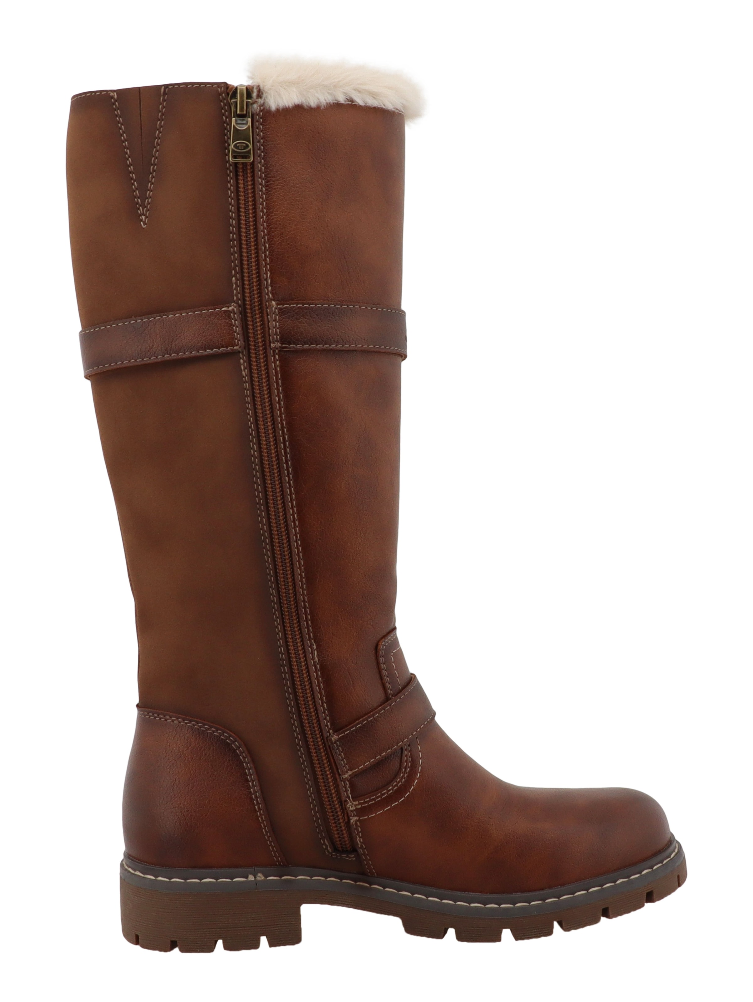 TOM TAILOR Winterstiefel  Blockabsatz, Langschaftstiefel mit Fellimitat und Zierschnallen