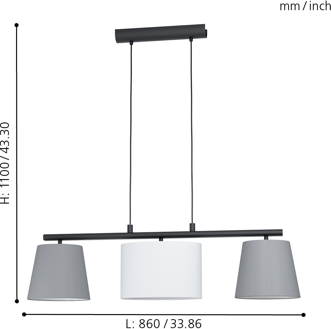 EGLO Hängeleuchte »ALMEIDA 1«, 3 flammig, Leuchtmittel E14 | Leuchtmittel wechselbar-ohne Leuchtmittel, schwarz / L86 x H110 x B25,5cm / exkl. 3 x E14 (je max. 25W) / Stoff