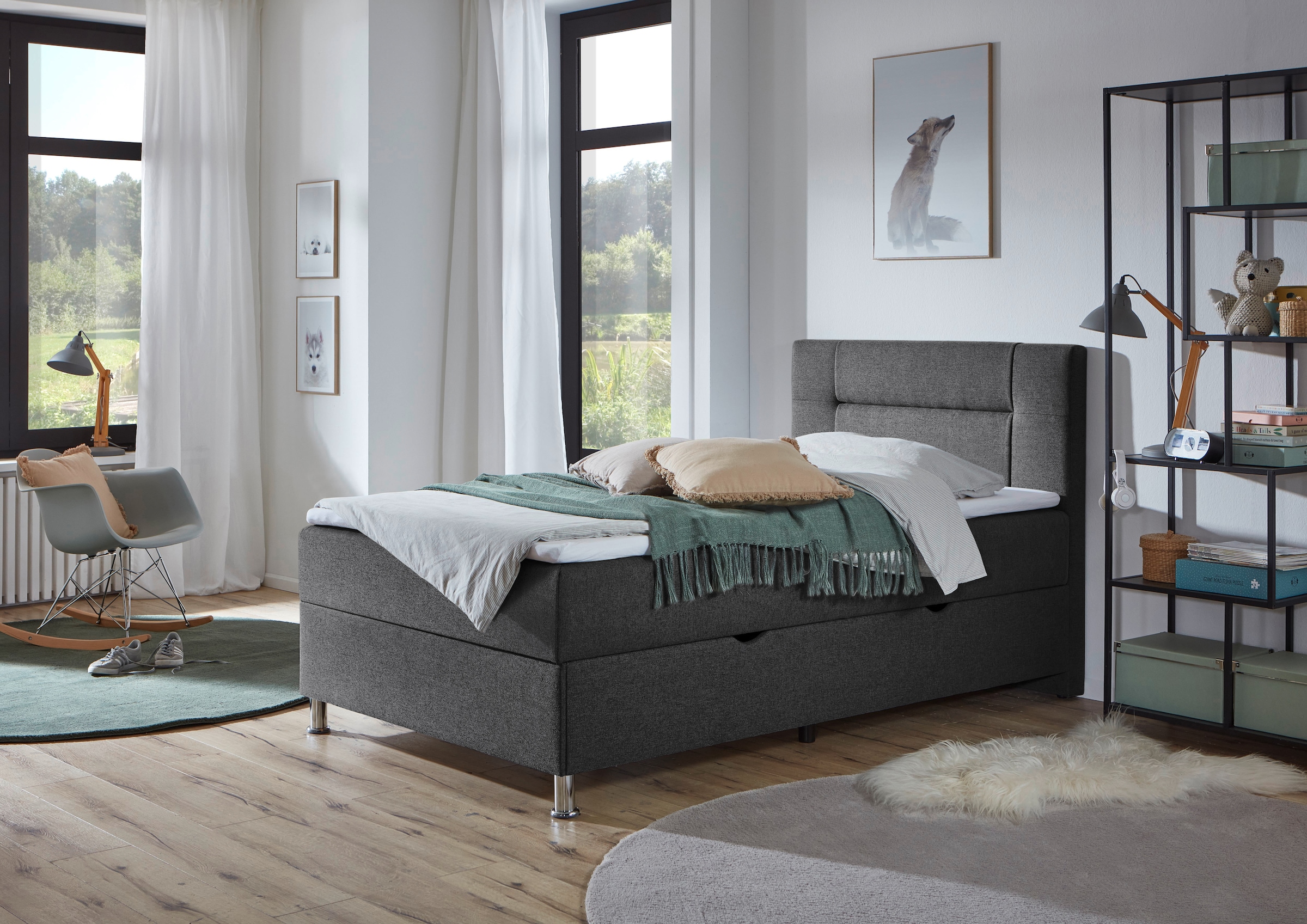 Home affaire Boxbett »ESCALON, Polsterbett mit Bettkasten, inkl. Taschenfederkernmatratze H3« mit Anti-Slip-Topper, Strukturstoff-Bezug, Liegefläche 120x200 cm