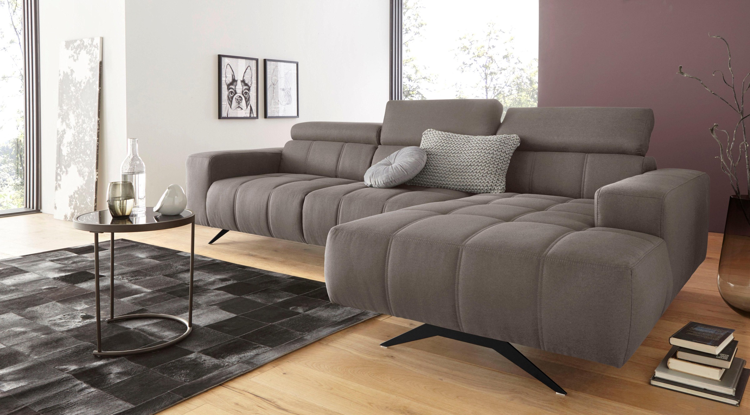 DOMO collection Ecksofa »Trento L-Form, mit Kufenfuß oder Einzelfuß«, wahlweise mit Kopfteilverstellung, Recamiere links/rechts bestellbar