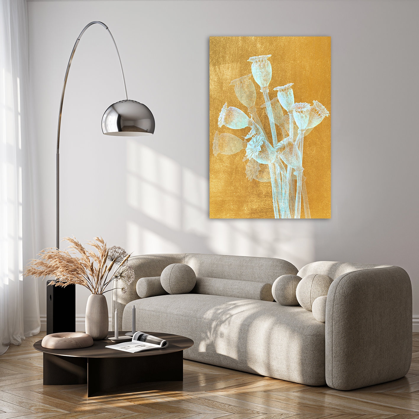 queence Gemälde »Aluminium Bild Goldeffekt Abstrakte Pflanzen« Blumen | Blumenbilder | Pflanzenbilder Alu Dibond mit gebürsteter Struktur für einen edlen Metall Effekt