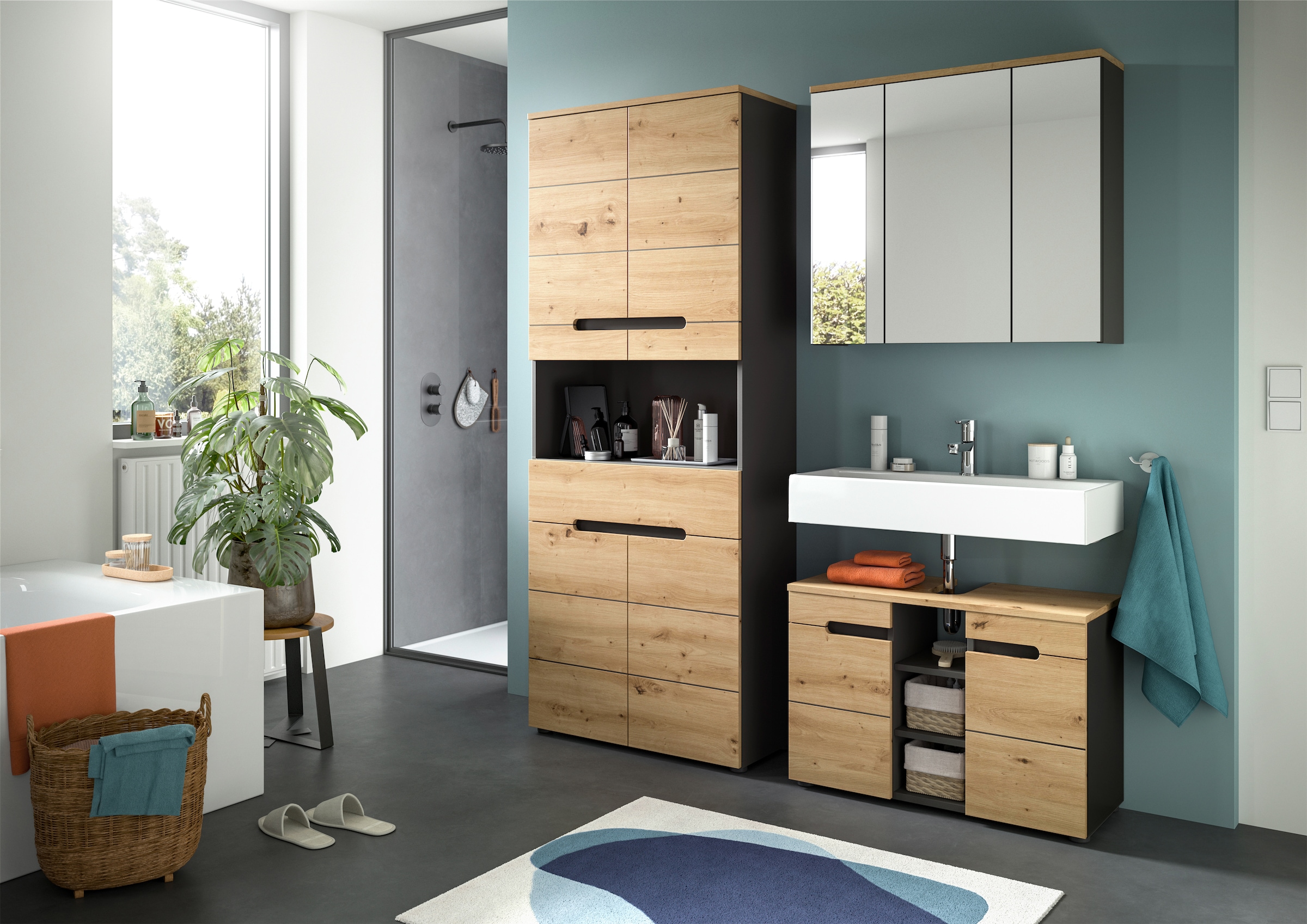 INOSIGN Badmöbel-Set »REHAT, 2-teilig, Breite 80 cm, mit Grifflosen Fronten, bestehend aus:«, (2 St.), 1x Waschbeckenunterschrank & 1x Spiegelschrank